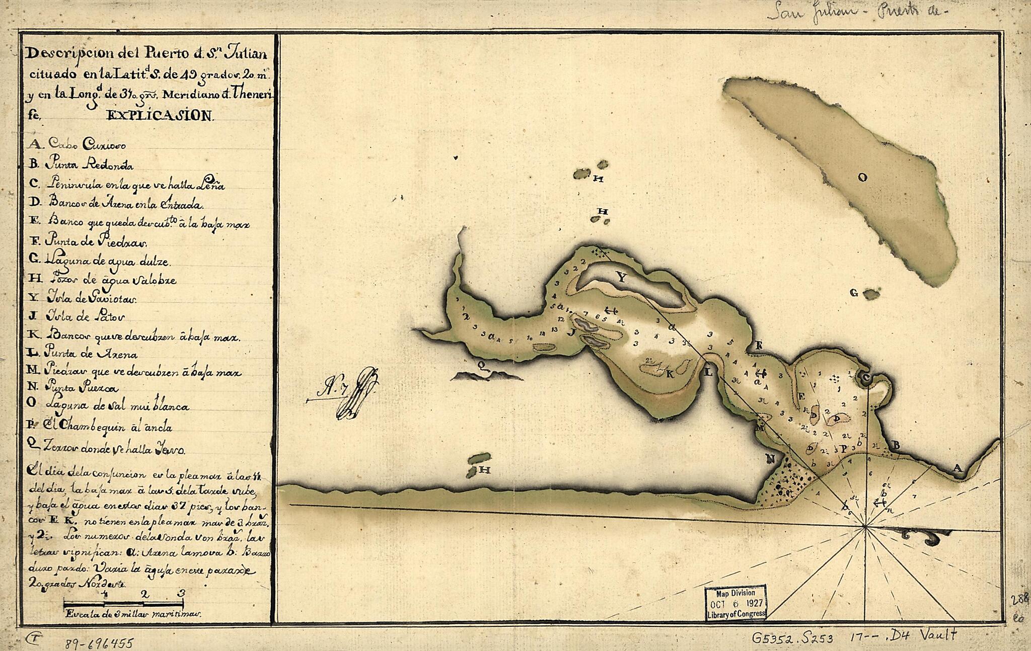 This old map of Descripción Del Puerto D. Sn. Julián Cituado En La Latitd. S. De 49 Grados 20 Ms. Y En La Longd. De 310 Grs., Meridiano D. Thenerife from 1700 was created by in 1700