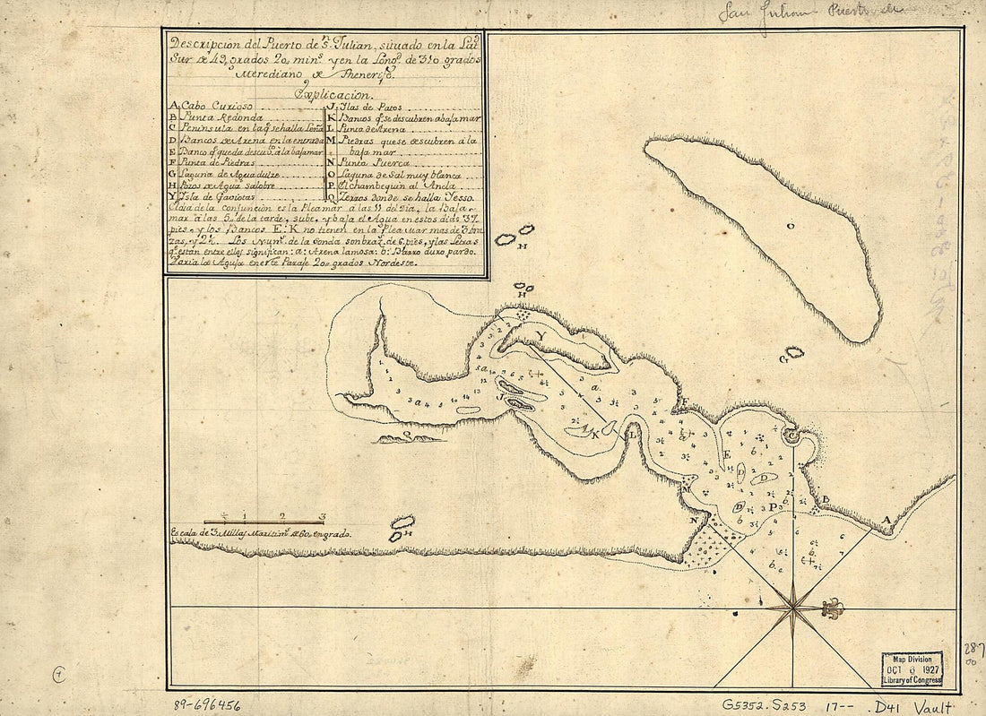 This old map of Descripción Del Puerto De Sn. Julián Situado En La Latd. Sur De 49 Grados 20 Mins. Y En La Longd. De 310 Grados, Merediano De Thenerife from 1700 was created by in 1700