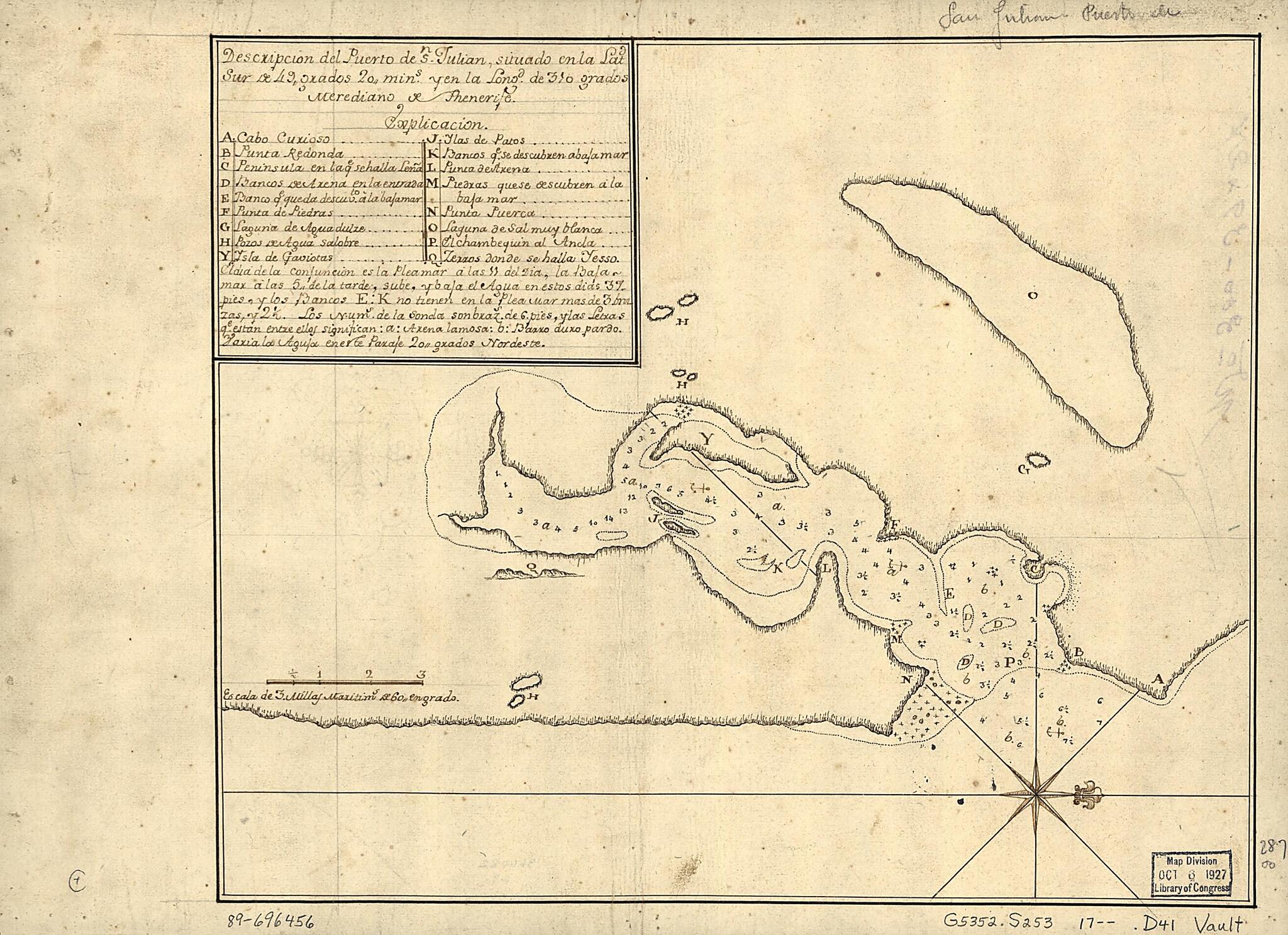 This old map of Descripción Del Puerto De Sn. Julián Situado En La Latd. Sur De 49 Grados 20 Mins. Y En La Longd. De 310 Grados, Merediano De Thenerife from 1700 was created by in 1700