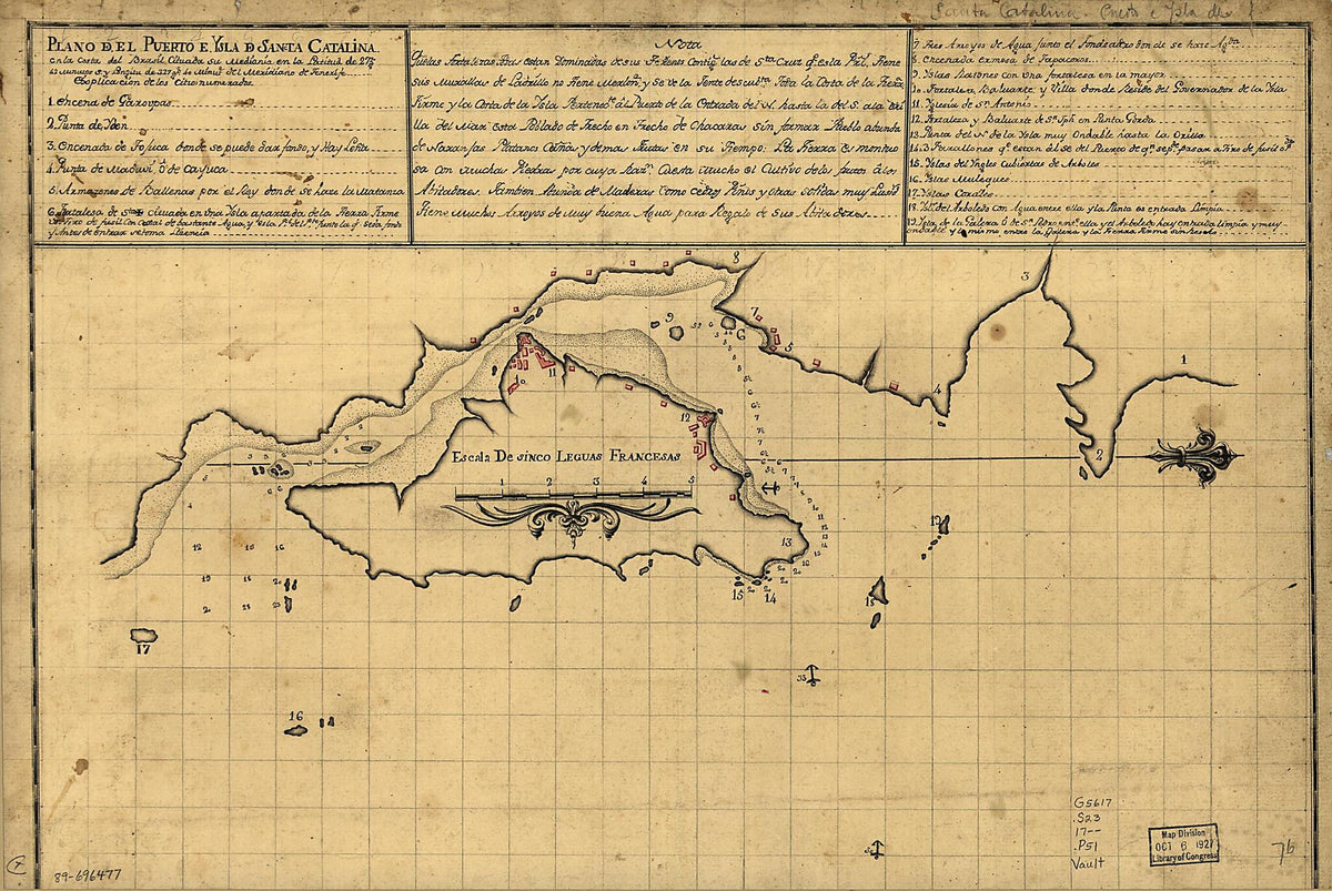 Plano Del Puerto E Ysla De Sancta Catalina En La Costa Del Brasil Cituada Su Mediania En La Latitud De 27 Gs. 42 Minutos S. Y Longitu De 327 Gs. 40 Minute. Del Meridiano De Tenerife 1700 by Relic Map Company