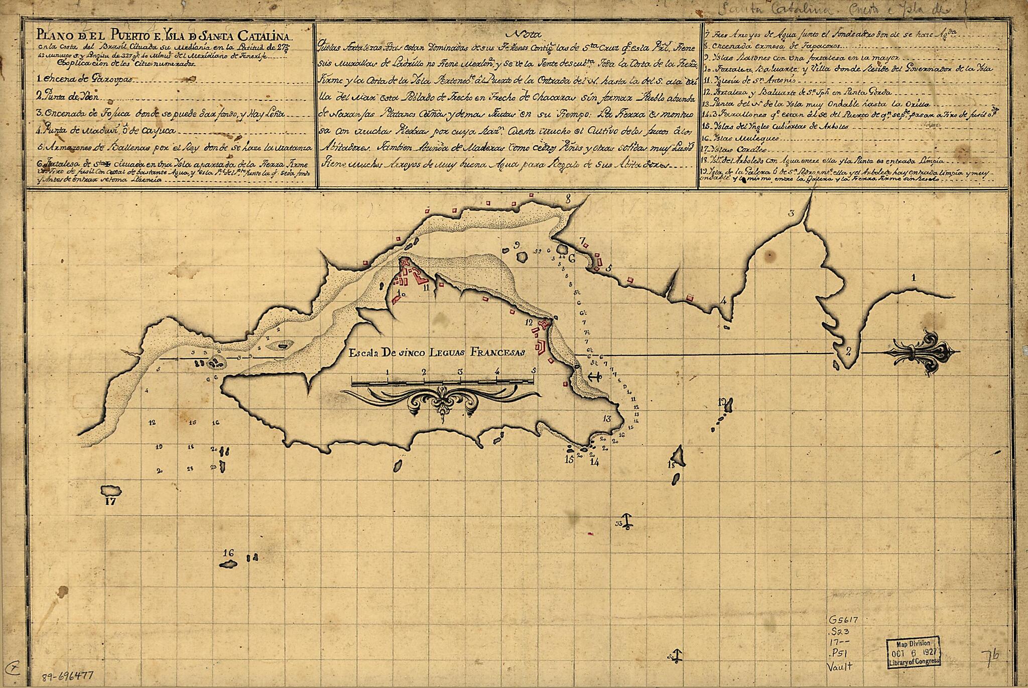 This old map of Plano Del Puerto E Ysla De Sancta Catalina En La Costa Del Brasil Cituada Su Mediania En La Latitud De 27 Gs. 42 Minutos S. Y Longitu De 327 Gs. 40 Minute. Del Meridiano De Tenerife from 1700 was created by in 1700