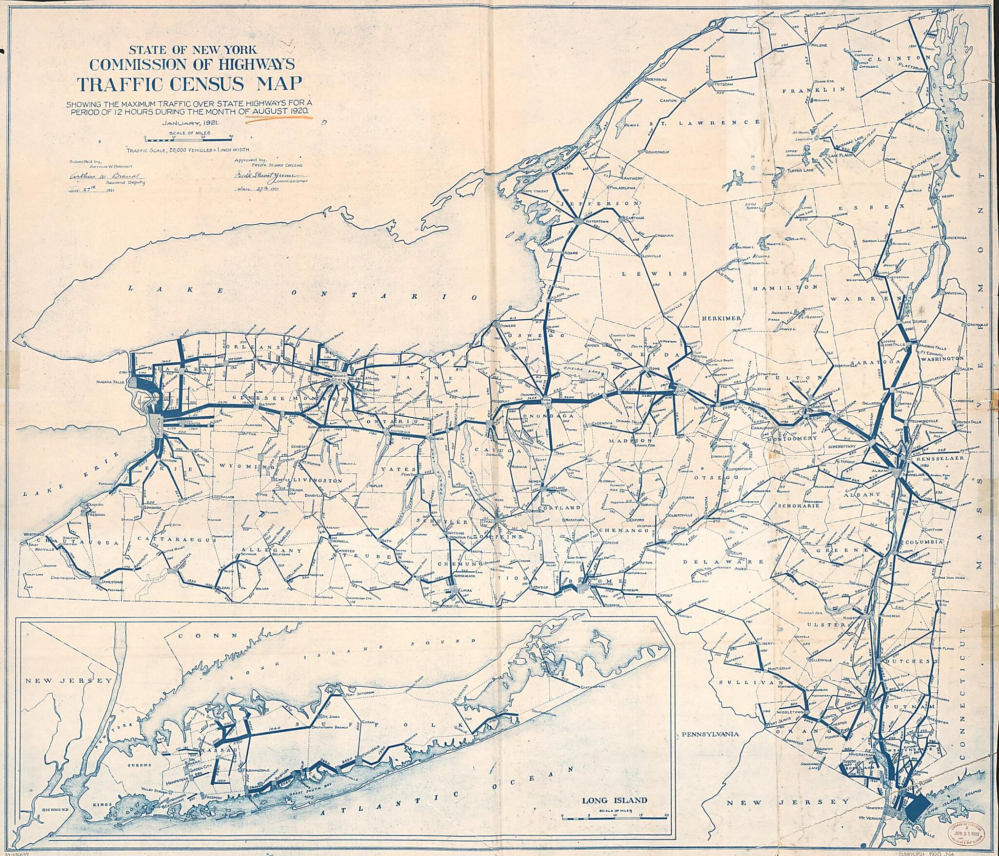 This old map of Traffic Census Map : Showing the Maximum Traffic Over State Highways for a Period of 12 Hours During the Month of August from 1920 : state of New York was created by New York (State). State Commission of Highways in 1920