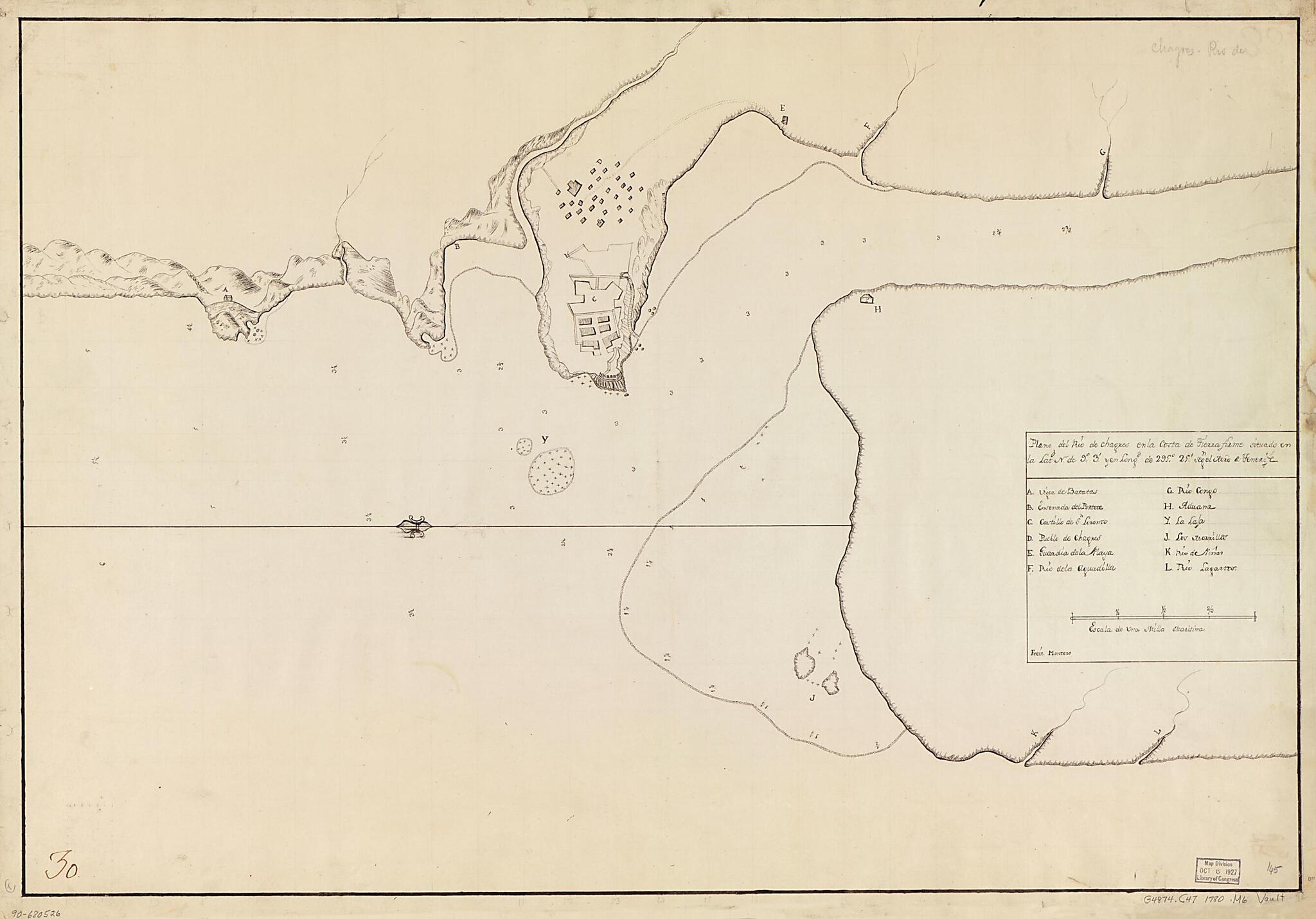 This old map of Plano Del Río De Chagres En La Costa De Tierra Firme Situado En La Latd. N. De 9⁰3ʹ sic Y En Longd. De 295⁰29ʹ Segn. El Mro. De Tenerife from 1780 was created by Montero in 1780