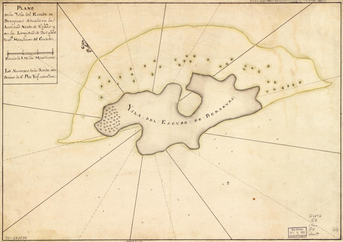 This old map of Plano De La Ysla Del Escudo De Beraguas Situado En La Latitud Norte De 8 Gros. Y En La Longitud De 305 Gros. 50 Mo. Meridiano Del Cuerboz from 1700 was created by in 1700