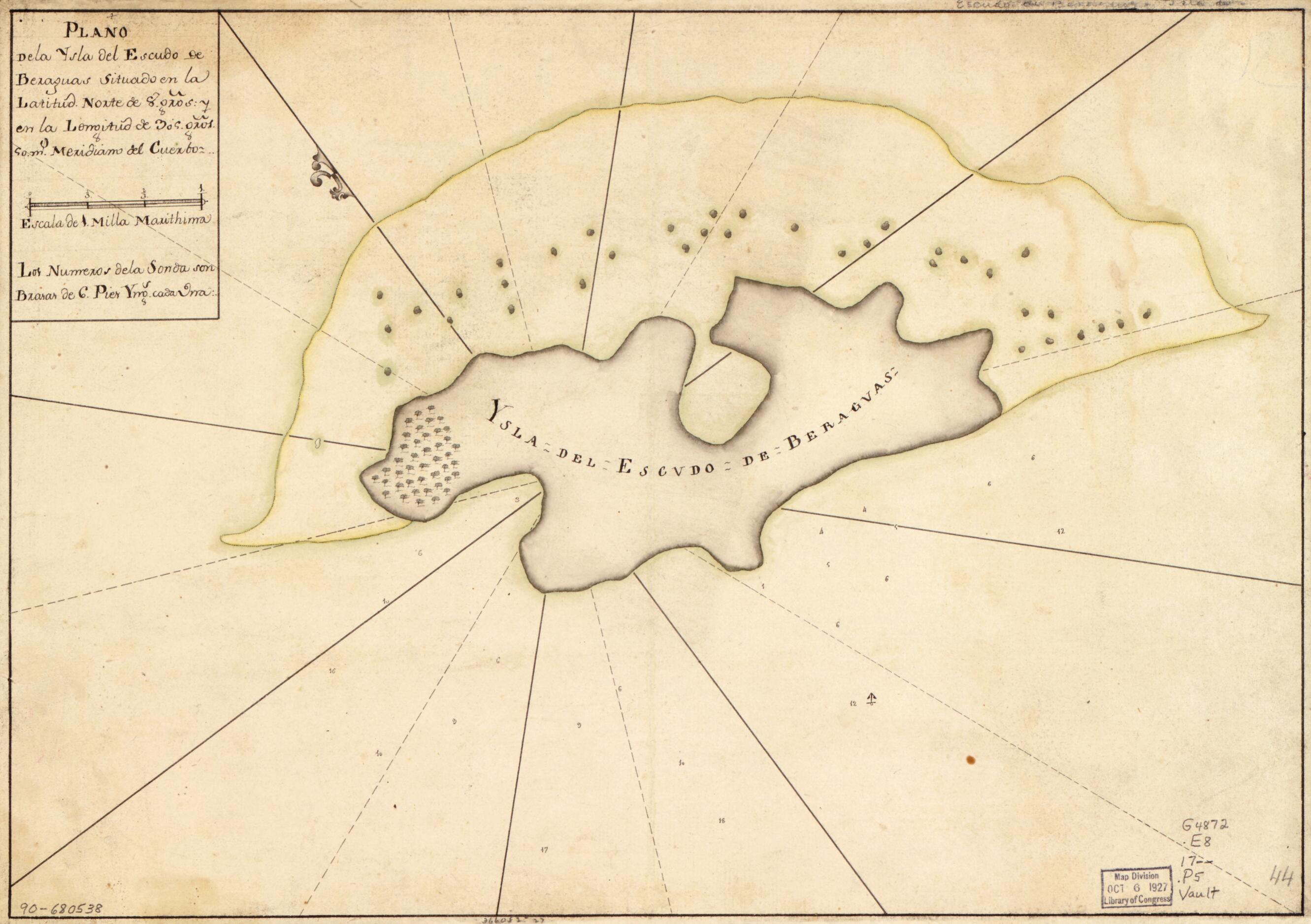 This old map of Plano De La Ysla Del Escudo De Beraguas Situado En La Latitud Norte De 8 Gros. Y En La Longitud De 305 Gros. 50 Mo. Meridiano Del Cuerboz from 1700 was created by in 1700
