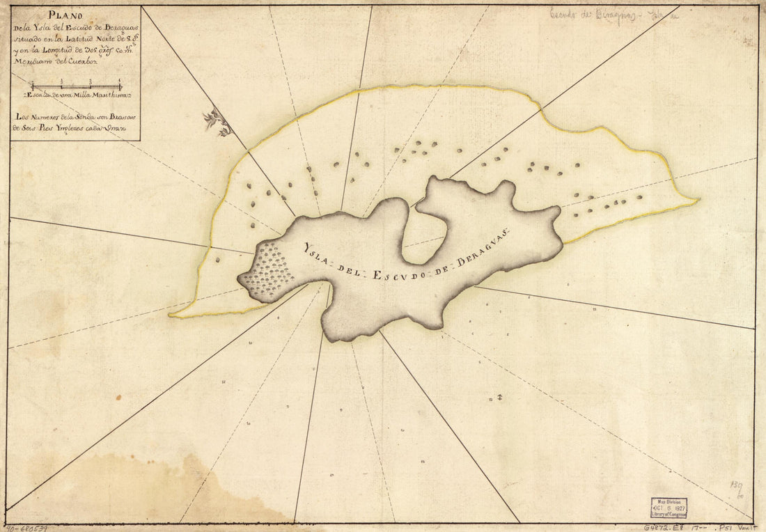 This old map of Plano De La Ysla Del Escudo De Beraguas Situado En La Latitud Norte De 8 Gs. Y En La Longitud De 305 Gros. 50 Ms. Meridiano Del Cuerboz from 1700 was created by in 1700