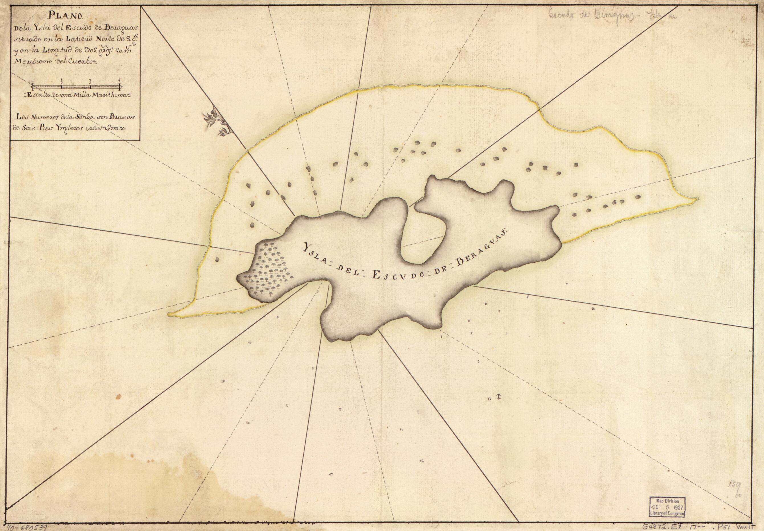 This old map of Plano De La Ysla Del Escudo De Beraguas Situado En La Latitud Norte De 8 Gs. Y En La Longitud De 305 Gros. 50 Ms. Meridiano Del Cuerboz from 1700 was created by in 1700