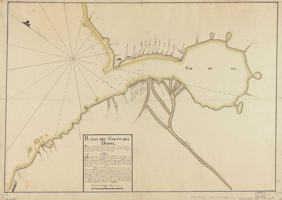 This old map of Plano Del Golfo Del Dariel Situado En La Costa Del N. De Tierra Firme Siendo La Punta De Caribana, El Prinsipio, La Que Esta En La Altura De 8⁰ 30ʹ N. Y En La Longd. 299⁰ 7ʹ, Meridiano De Tenerife from 1797 was created by Bernabe Mu