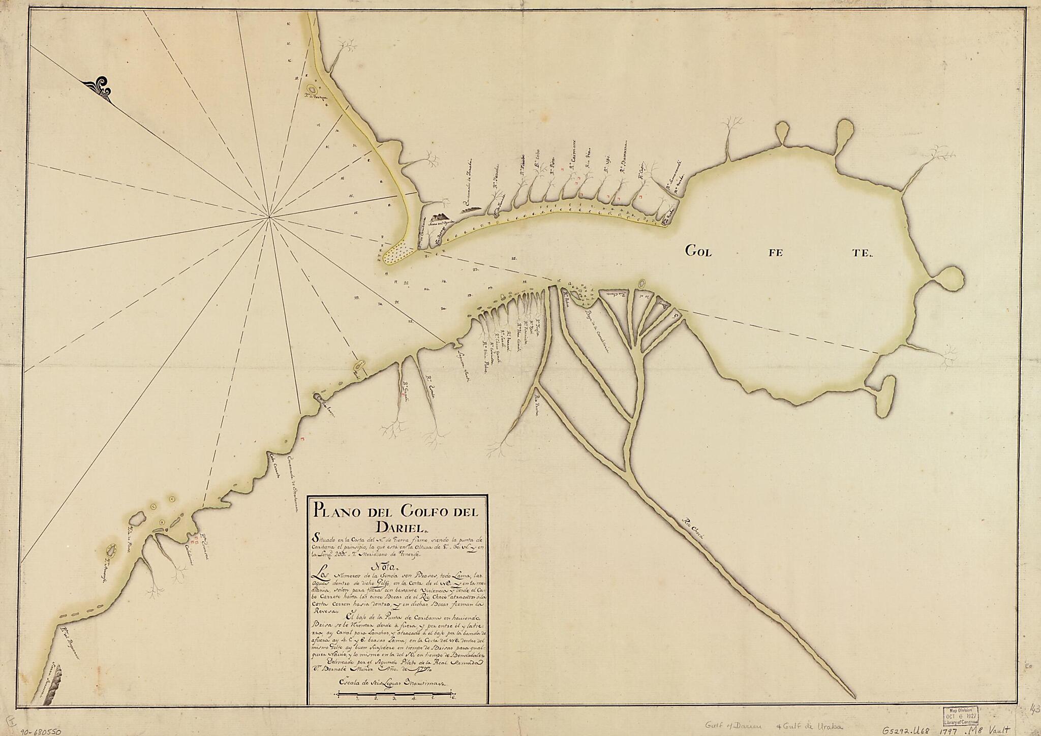 This old map of Plano Del Golfo Del Dariel Situado En La Costa Del N. De Tierra Firme Siendo La Punta De Caribana, El Prinsipio, La Que Esta En La Altura De 8⁰ 30ʹ N. Y En La Longd. 299⁰ 7ʹ, Meridiano De Tenerife from 1797 was created by Bernabe Mu