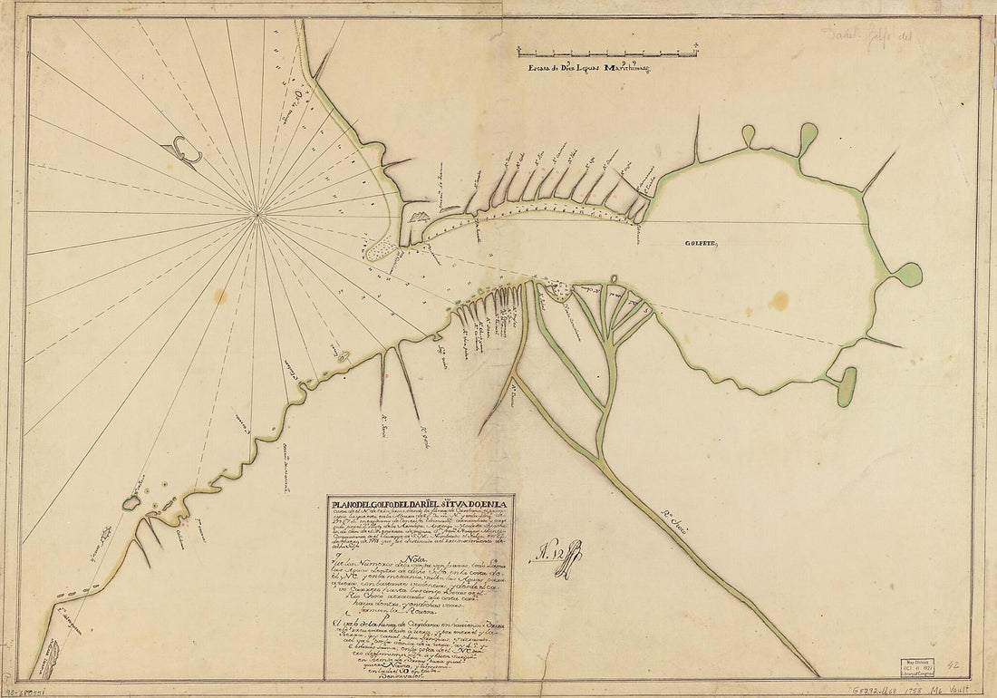 This old map of Plano Del Golfo Del Dariel Situado En La Costa De El N. De Trra. Firme Siendo La Punta De Caribana, El Principio La Que Esta En La Altura De 8 Gs. 30 Ms. N. Y En La Longd. De 299 Gs. 7 Ms., Meridiano De Tenerife from 1758 was created by A