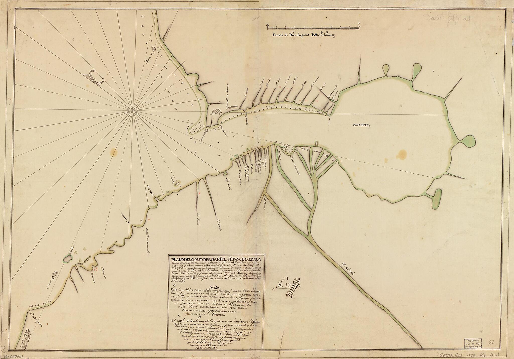 This old map of Plano Del Golfo Del Dariel Situado En La Costa De El N. De Trra. Firme Siendo La Punta De Caribana, El Principio La Que Esta En La Altura De 8 Gs. 30 Ms. N. Y En La Longd. De 299 Gs. 7 Ms., Meridiano De Tenerife from 1758 was created by A
