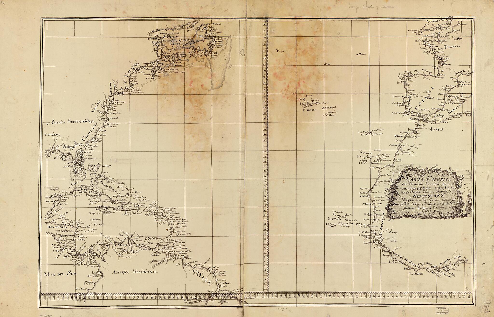 This old map of Carta Esférica Del Occeano sic Alántico sic Que Comprehende Las Costas De Europa, Africa Y América Septentrional from 1800 was created by Miguel Gonzalez in 1800