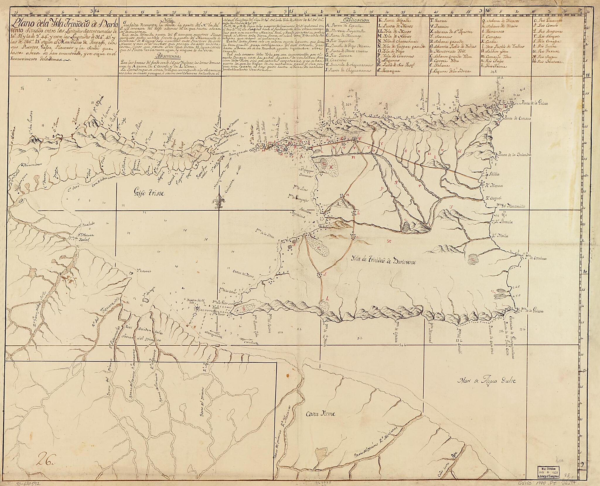 This old map of Plano De La Ysla Trinidad De Barlovento Situado Entre Las Latitudes Septentrionales De 10⁰51ʹ Y La De 9⁰44ʹ Y Entre Las Longitudes De 314⁰43ʹ Y Las De 316⁰13ʹ Segun El Meridiano De Tenerife Con Sus Puertos, Vajos, Placeres Y L