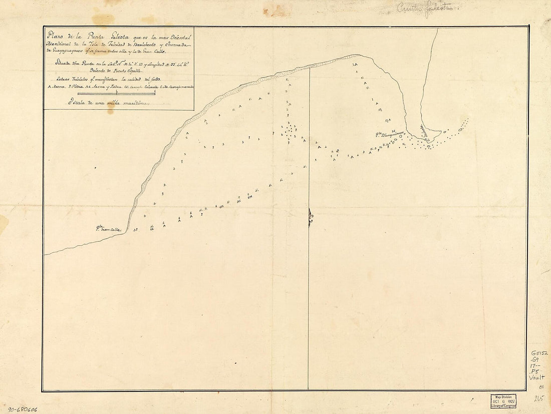 This old map of Plano De La Punta Galeota Que Es La Mas Oriental Meridional De La Ysla De Trinidad De Barlobento Y Ensenada De Guayaguayares Qe. Se Forma Entre Ella Y La De Gran Calle, Situada Dha. Punta En La Latd. N. De 10⁰9ʹ13 Y Longitud De 33ʹ44�