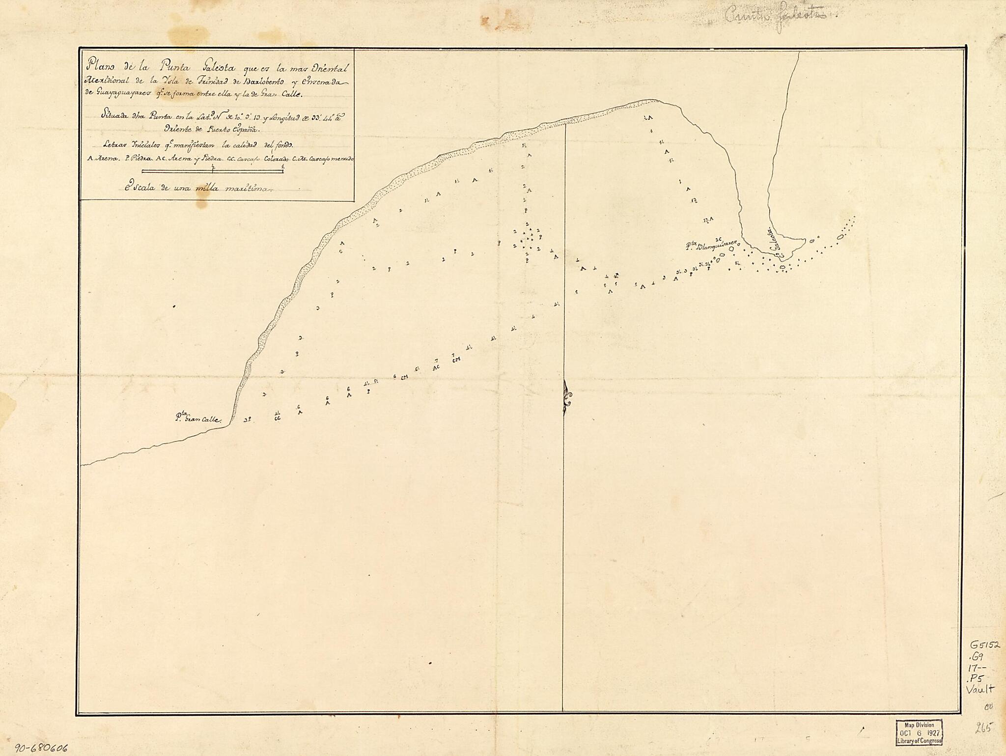 This old map of Plano De La Punta Galeota Que Es La Mas Oriental Meridional De La Ysla De Trinidad De Barlobento Y Ensenada De Guayaguayares Qe. Se Forma Entre Ella Y La De Gran Calle, Situada Dha. Punta En La Latd. N. De 10⁰9ʹ13 Y Longitud De 33ʹ44�