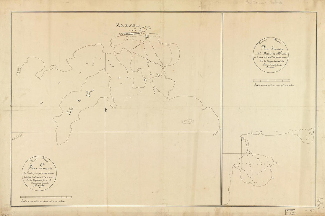 This old map of Plano Geométrico Del Puerto Principal De San Tomas En La Costa Meridional De La Ya. Del Mismo Nombre ; Plano Geométrico Del Puerto De Normand En La Costa N.O. De La Ya. Del Mismo Nombre from 1793 was created by in 1793