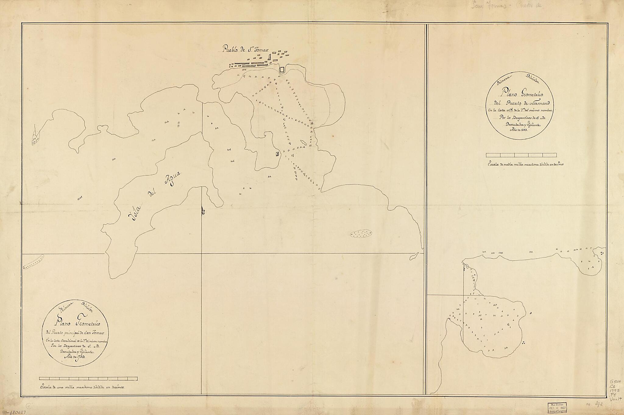 This old map of Plano Geométrico Del Puerto Principal De San Tomas En La Costa Meridional De La Ya. Del Mismo Nombre ; Plano Geométrico Del Puerto De Normand En La Costa N.O. De La Ya. Del Mismo Nombre from 1793 was created by in 1793