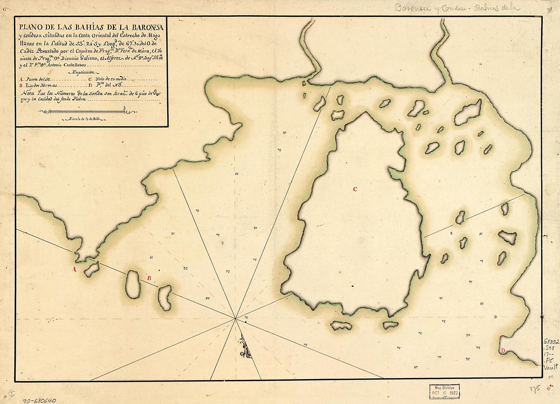 This old map of Plano De Las Bahías De La Baronesa Y Condesa Situadas En La Costa Oriental Del Estrecho De Magallanes En La Latitud De 53⁰24ʹS Y Longd. De 67⁰10ʹ Del O. De Cádiz from 1700 was created by Fernando De Miera in 1700