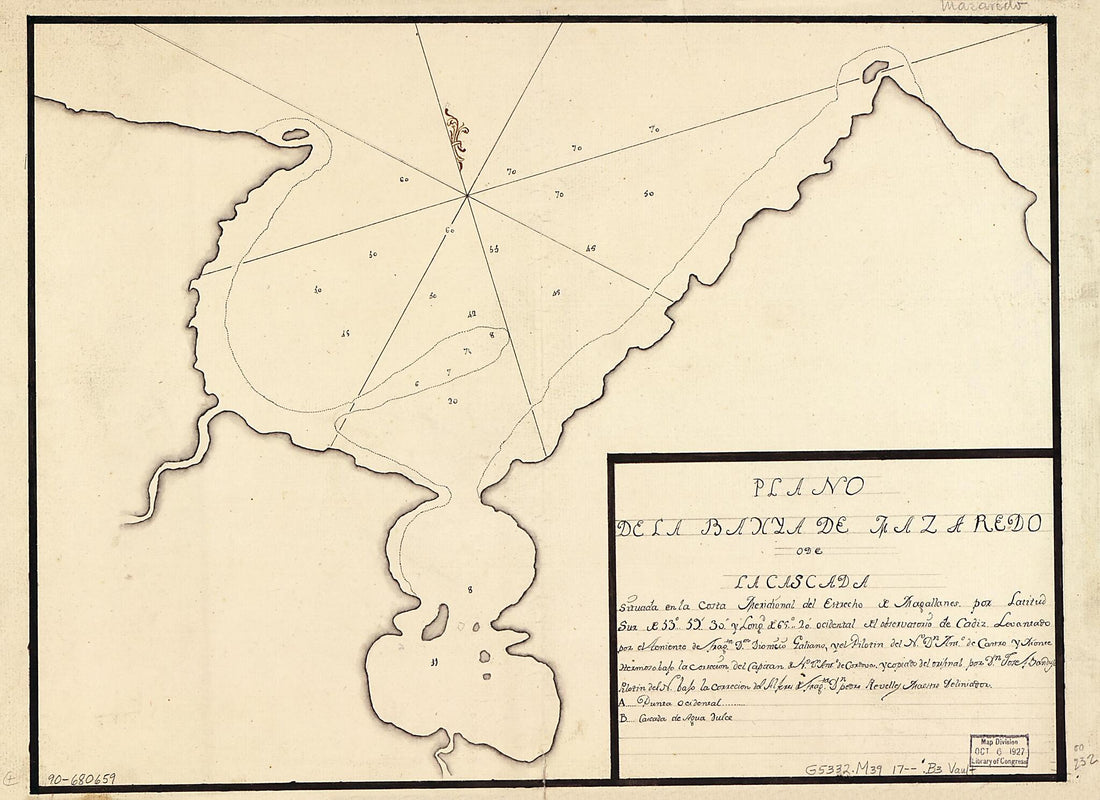 This old map of Plano De La Bahya De Mazaredo O De La Cascada Situada En La Costa Meridional Del Estrecho De Magallanes Por Latitud Sur De 53⁰59ʹ30ʺ Y Longd. De 69⁰20ʹ Ocidental Del Observatorio De Cádiz from 1700 was created by José F. Bandujo