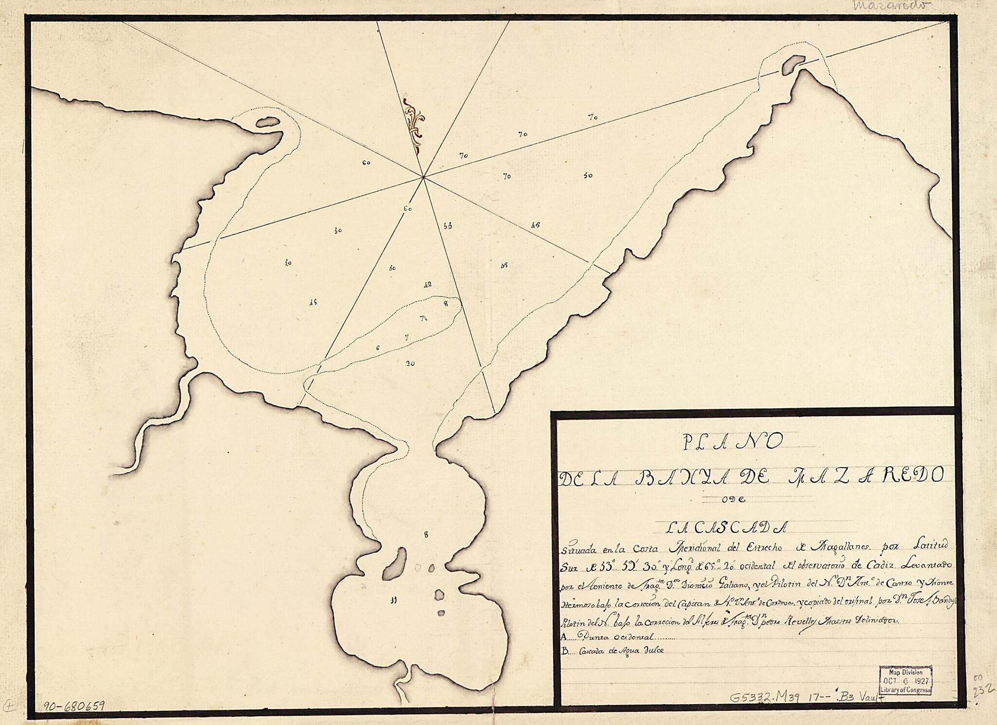 This old map of Plano De La Bahya De Mazaredo O De La Cascada Situada En La Costa Meridional Del Estrecho De Magallanes Por Latitud Sur De 53⁰59ʹ30ʺ Y Longd. De 69⁰20ʹ Ocidental Del Observatorio De Cádiz from 1700 was created by José F. Bandujo