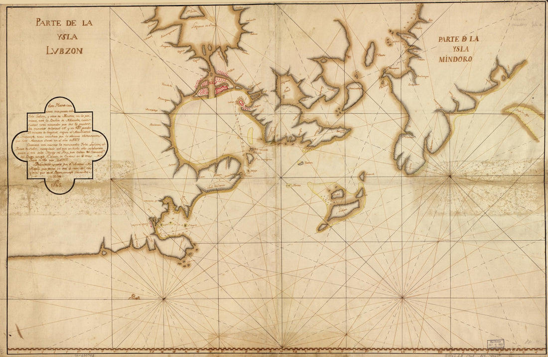 This old map of Este Plano Con Tiene Una Parte De La Ysla Lubzon Y Otra De Mindoro En La Primora, Esta La Bahía De Manila, Cuia Ciudad, Estacituada Por Los 14 Grados 30 Minutos De Latitud N. Y En 137 Grados 21 Minutos De Longitud, Segun El Meridiano De