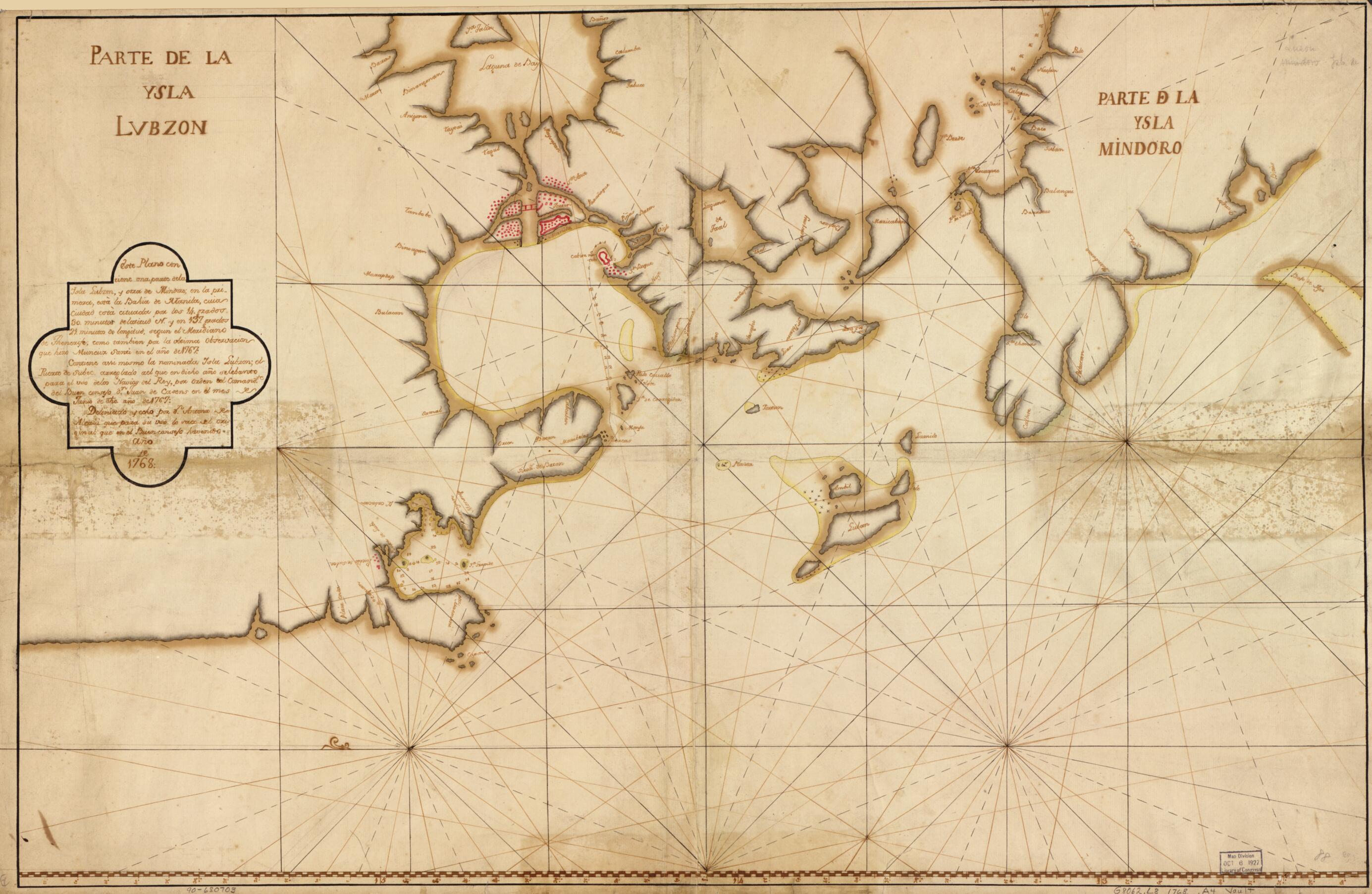 This old map of Este Plano Con Tiene Una Parte De La Ysla Lubzon Y Otra De Mindoro En La Primora, Esta La Bahía De Manila, Cuia Ciudad, Estacituada Por Los 14 Grados 30 Minutos De Latitud N. Y En 137 Grados 21 Minutos De Longitud, Segun El Meridiano De