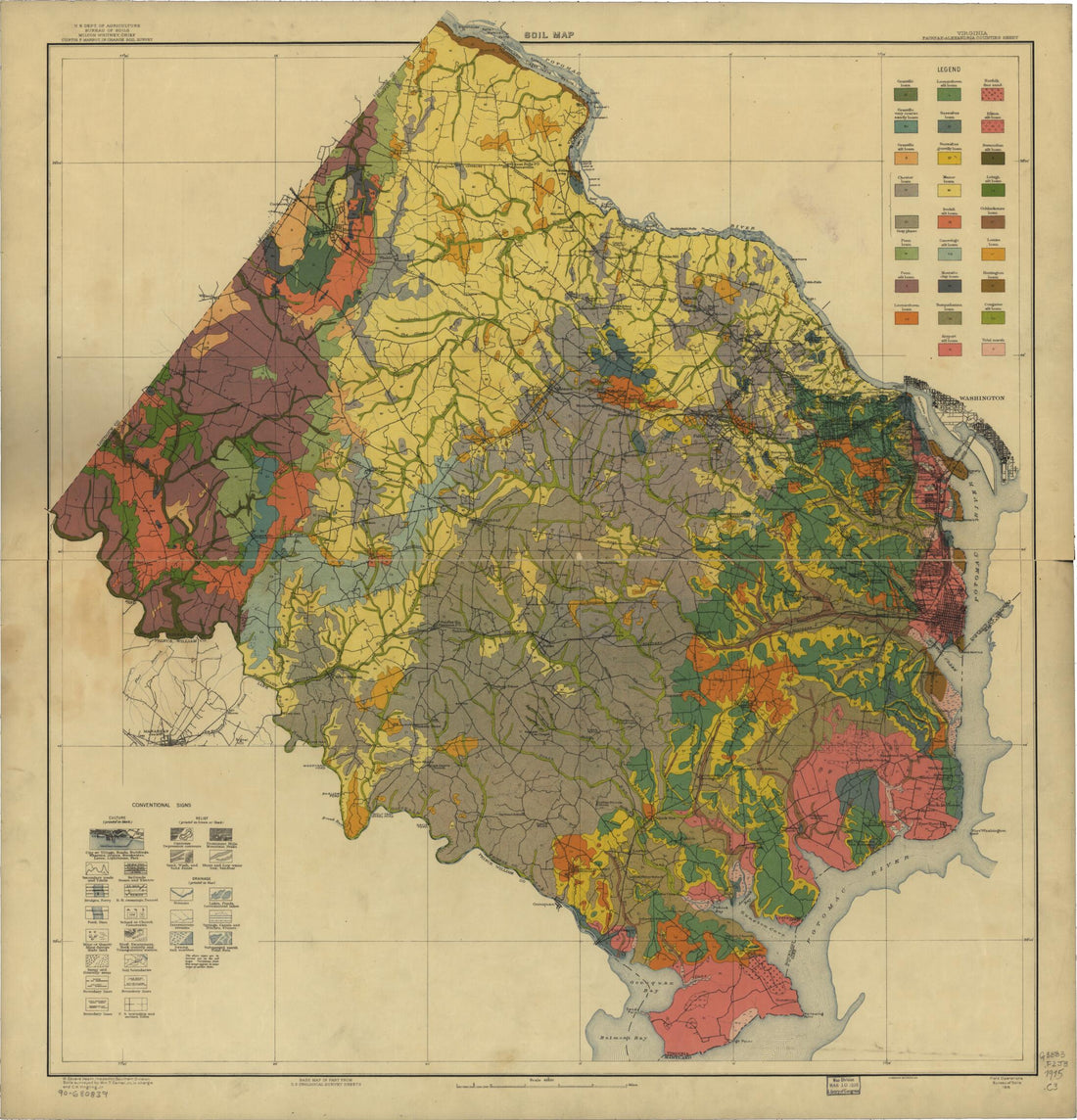 This old map of Alexandria Counties Sheet, Soil Map from 1915 was created by A. Hoen & Co, William T. (William Thomas) Carter, Geological Survey (U.S.), United States. Bureau of Soils, C. K. Yingling in 1915