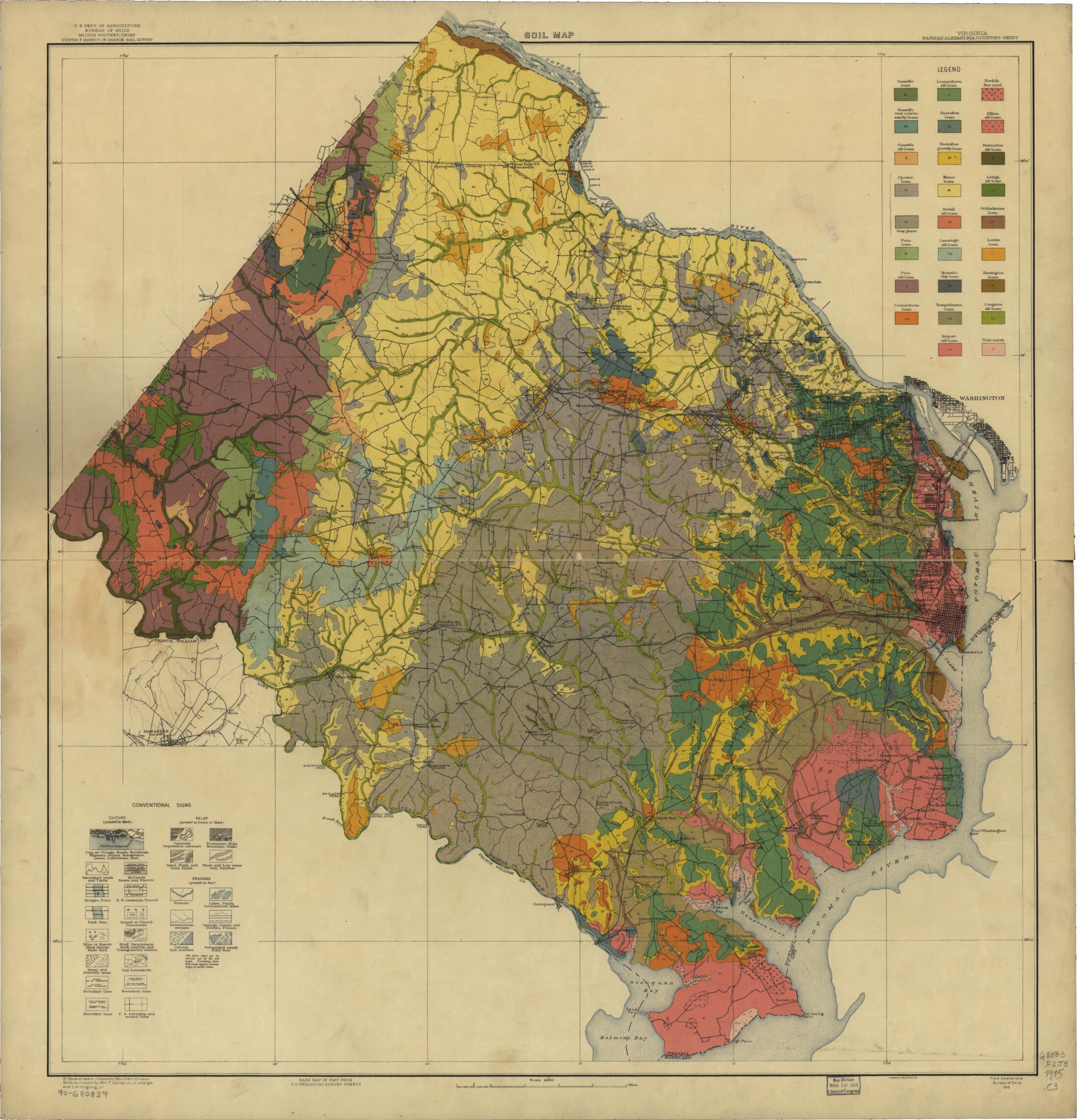 This old map of Alexandria Counties Sheet, Soil Map from 1915 was created by A. Hoen & Co, William T. (William Thomas) Carter, Geological Survey (U.S.), United States. Bureau of Soils, C. K. Yingling in 1915