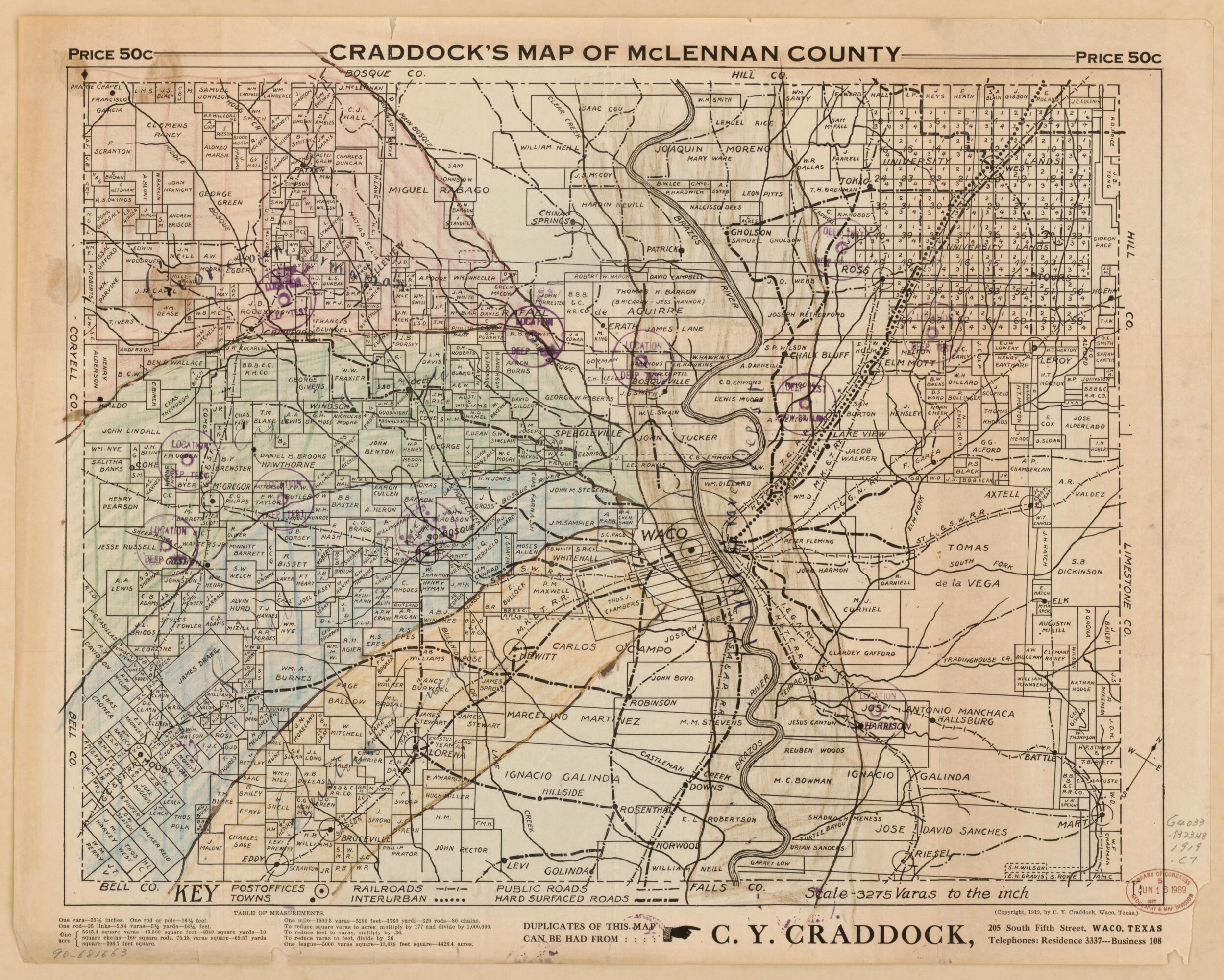 This old map of McLennan County, Showing Location Shallow Oil Wells, Deep Tests Now Drilling, and Locations Made from 1919 was created by C. Y. Craddock in 1919