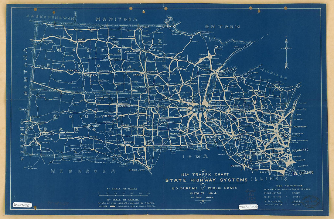 This old map of Traffic Chart, State Highway Systems : North Central States from 1924 was created by United States. Bureau of Public Roads. District No. 4 in 1924