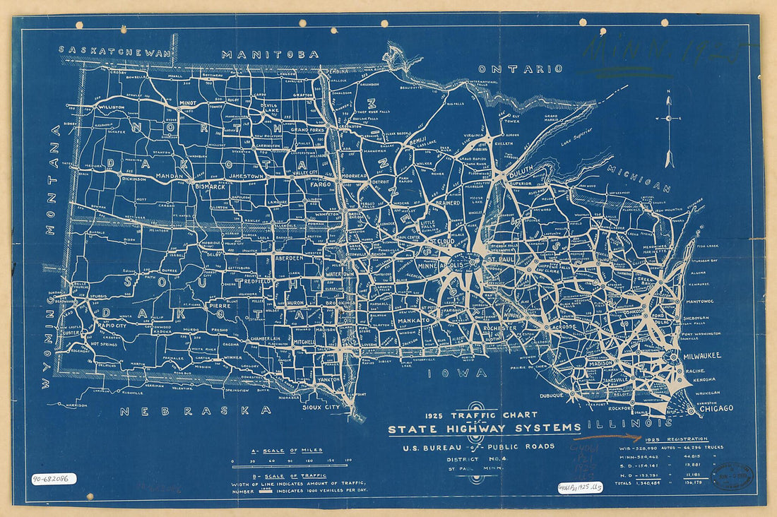 This old map of Traffic Chart, State Highways Systems : North Central States from 1925 was created by United States. Bureau of Public Roads. District No. 4 in 1925