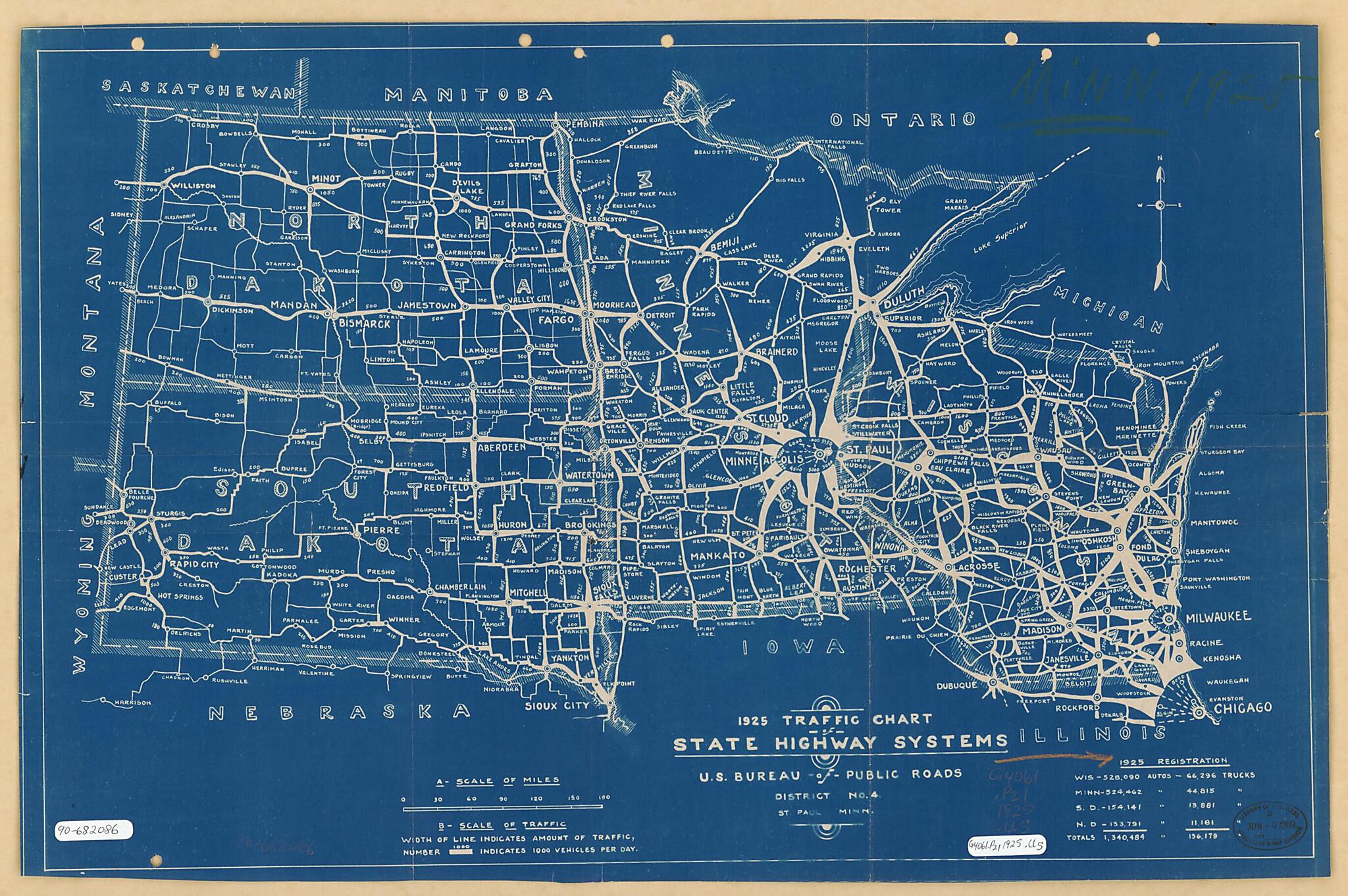 This old map of Traffic Chart, State Highways Systems : North Central States from 1925 was created by United States. Bureau of Public Roads. District No. 4 in 1925