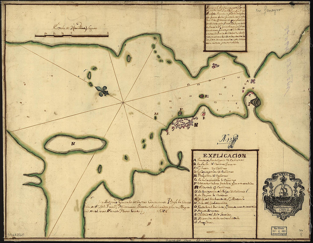This old map of Plano Del Rio Geneyro Situado En La Latd. S De 23 Gs. En Longd. 12 En El Ste Pureto Se Puede Darfon Do Fuera De Las Fortale As Entre Las Yslas from 1764 was created by Antonio Gonzales De Castro, Spain) Real Escuela De Navegación (Cádi
