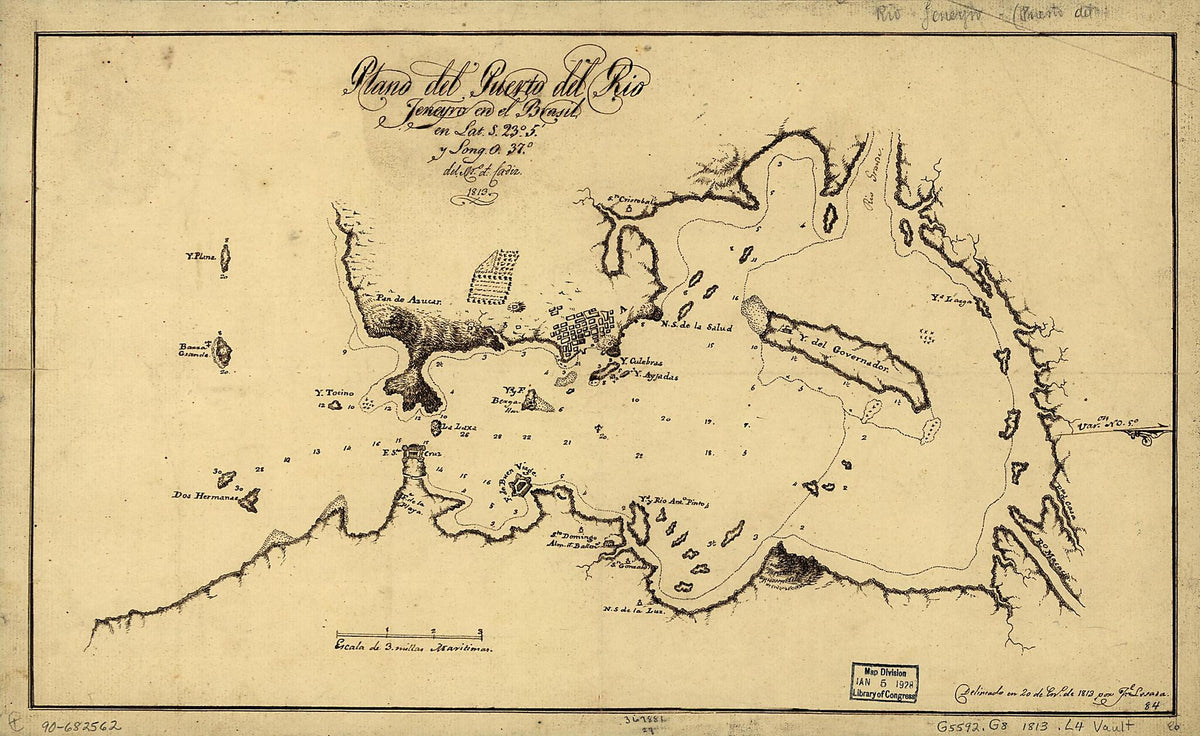 Plano Del Puerto Del Rio Jeneyro En El Brasil En Lat. S. 23⁰5ʹ Y Long. O. 37⁰ Del Mo. D. Cádiz, 1813 by Relic Map Company