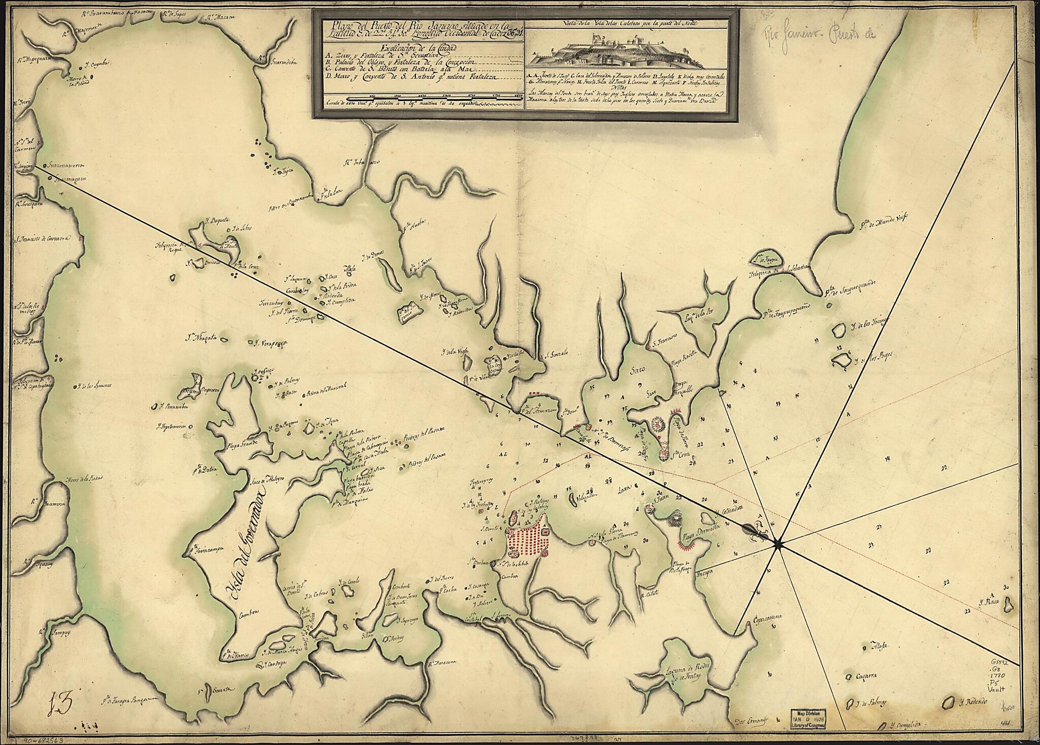 This old map of Plano Del Puerto Del Rio Janeiro Situado En La Latitud S. De 22⁰54ʹ10ʺ Longitud Occidental De Cádiz 36⁰31ʹ from 1780 was created by in 1780