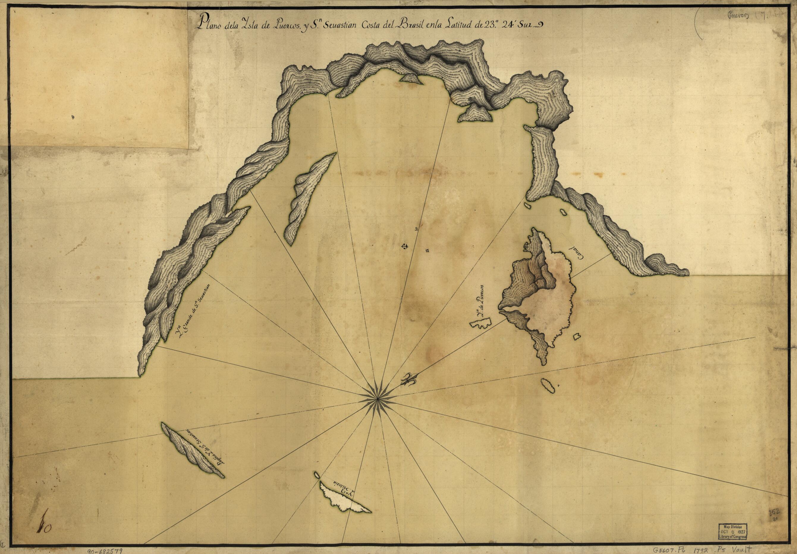 This old map of Plano De La Ysla De Puercos Y Sn. Seuastian, Costa Del Brasil, En La Latitutd De 23⁰ 24ʹ Sur from 1792 was created by in 1792