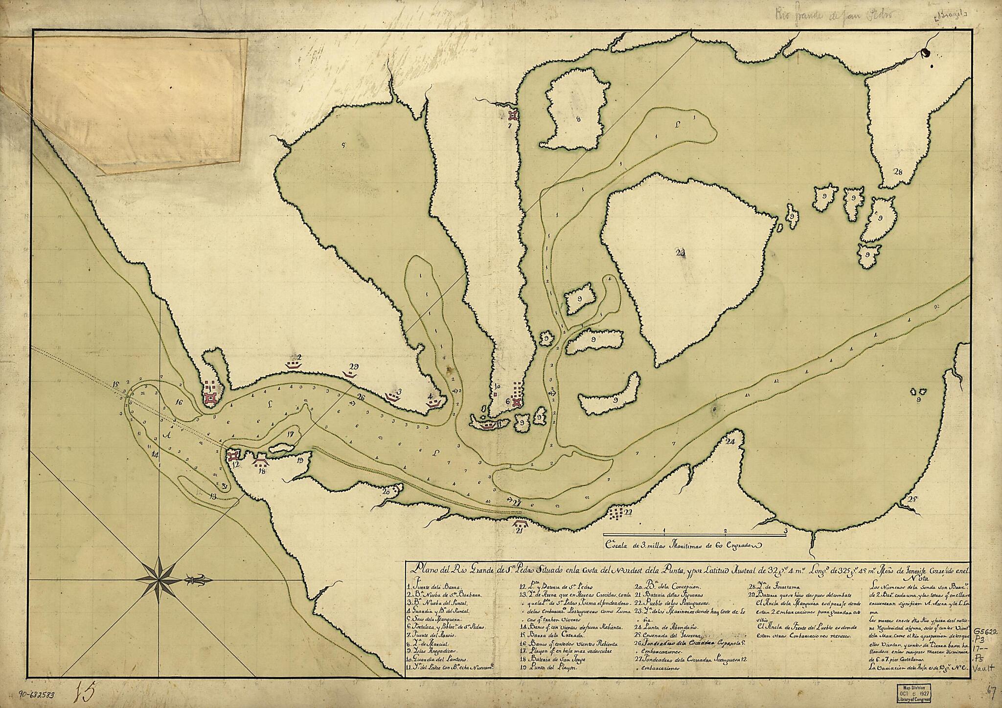 This old map of Plano Del Rio Grande De Sn. Pedro Situado En La Costa Del Nordest De La Punta Y Por Latitud Austral De 32 Gs. 4 Ms., Longd. De 325 Gs. 45 Ms., Mero. De Tenerife Corre&