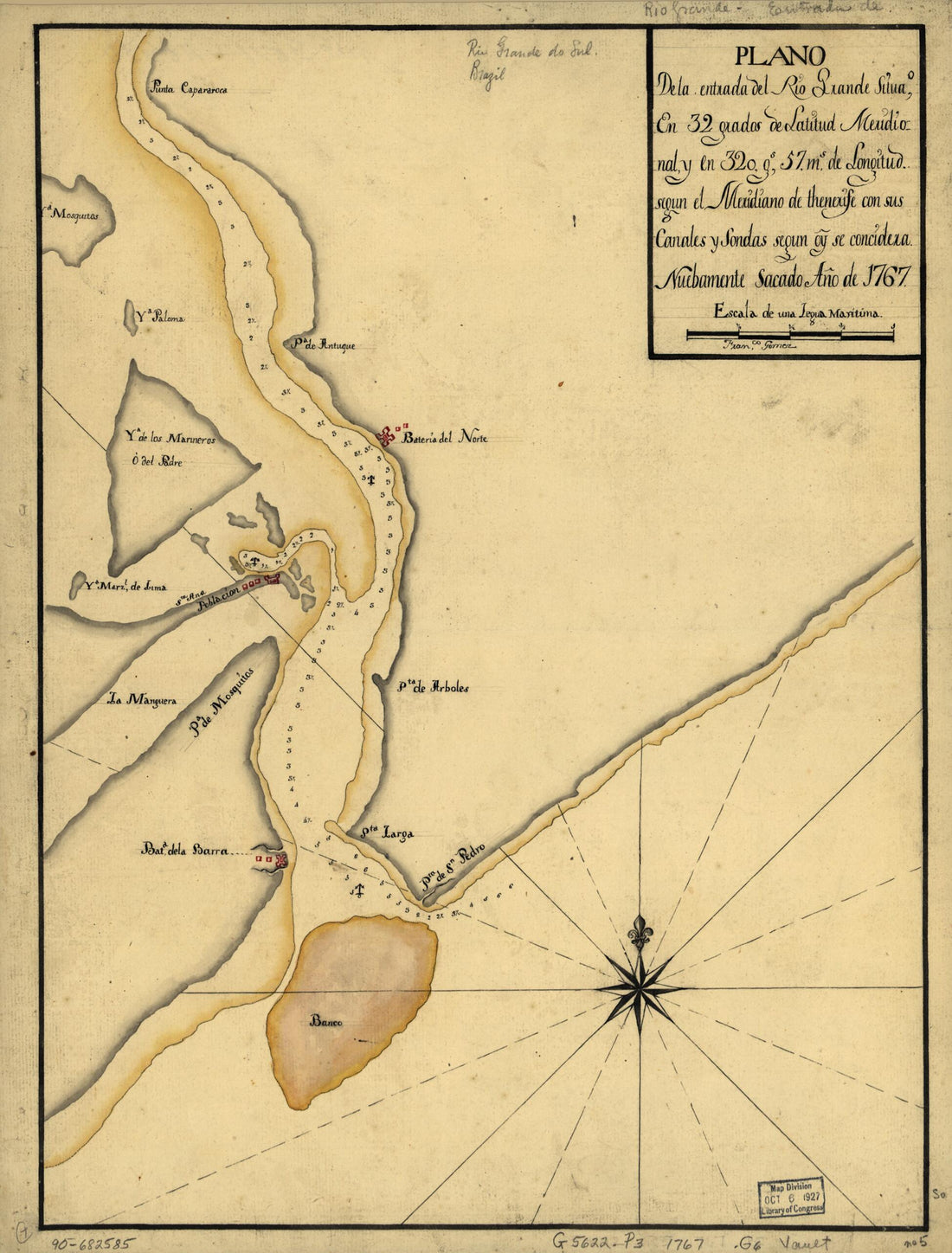 This old map of Plano De La Entrada Del Rio Grande Situao. En 32 Grados De Latitud Meridional Y En 320 Gs. 57 Ms. De Longitud Segun El Meridiano De Thenerife Con Sus Canales Y Sondas Segun Oy. Se Concidera from 1767 was created by Francisco Gómez in 176