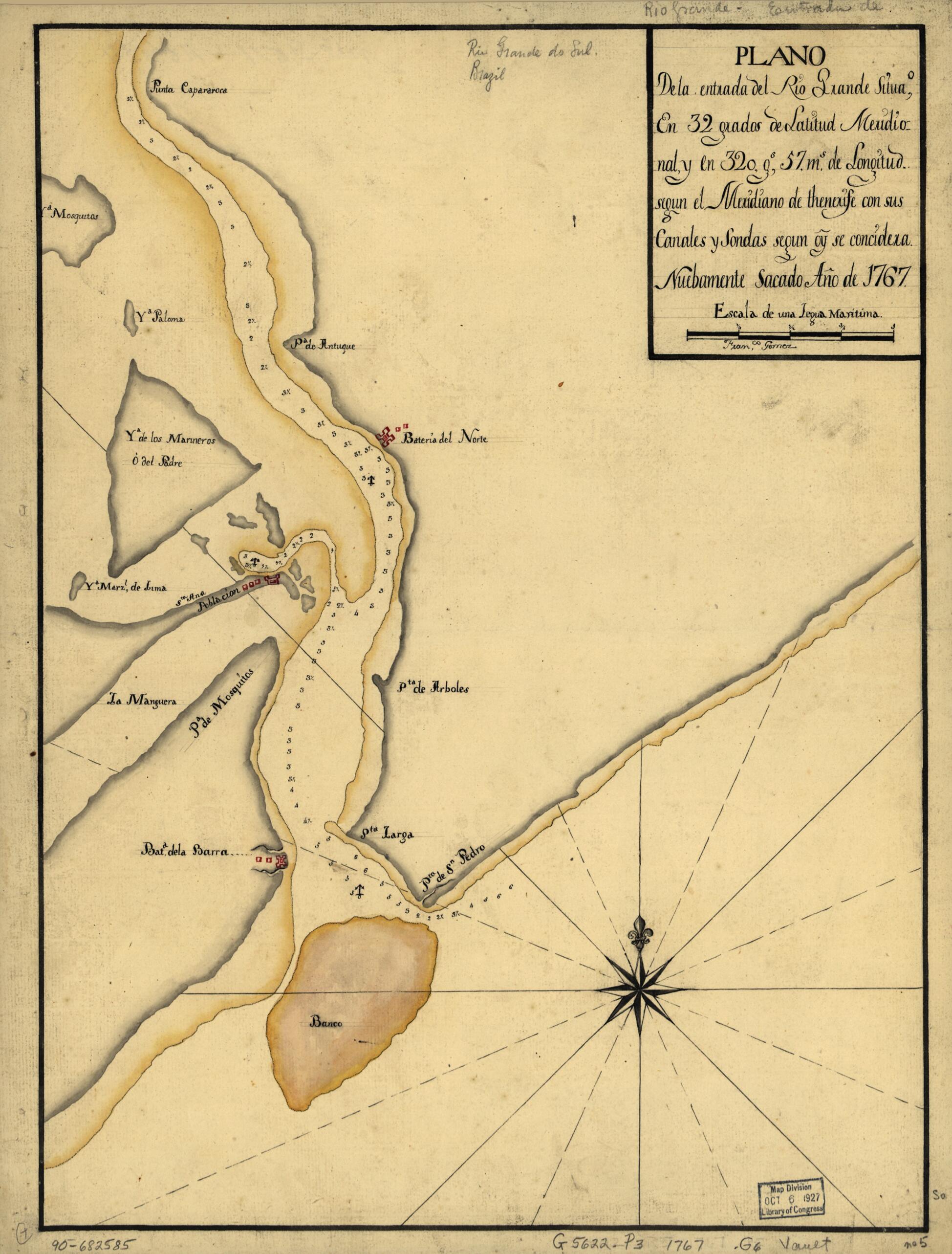This old map of Plano De La Entrada Del Rio Grande Situao. En 32 Grados De Latitud Meridional Y En 320 Gs. 57 Ms. De Longitud Segun El Meridiano De Thenerife Con Sus Canales Y Sondas Segun Oy. Se Concidera from 1767 was created by Francisco Gómez in 176