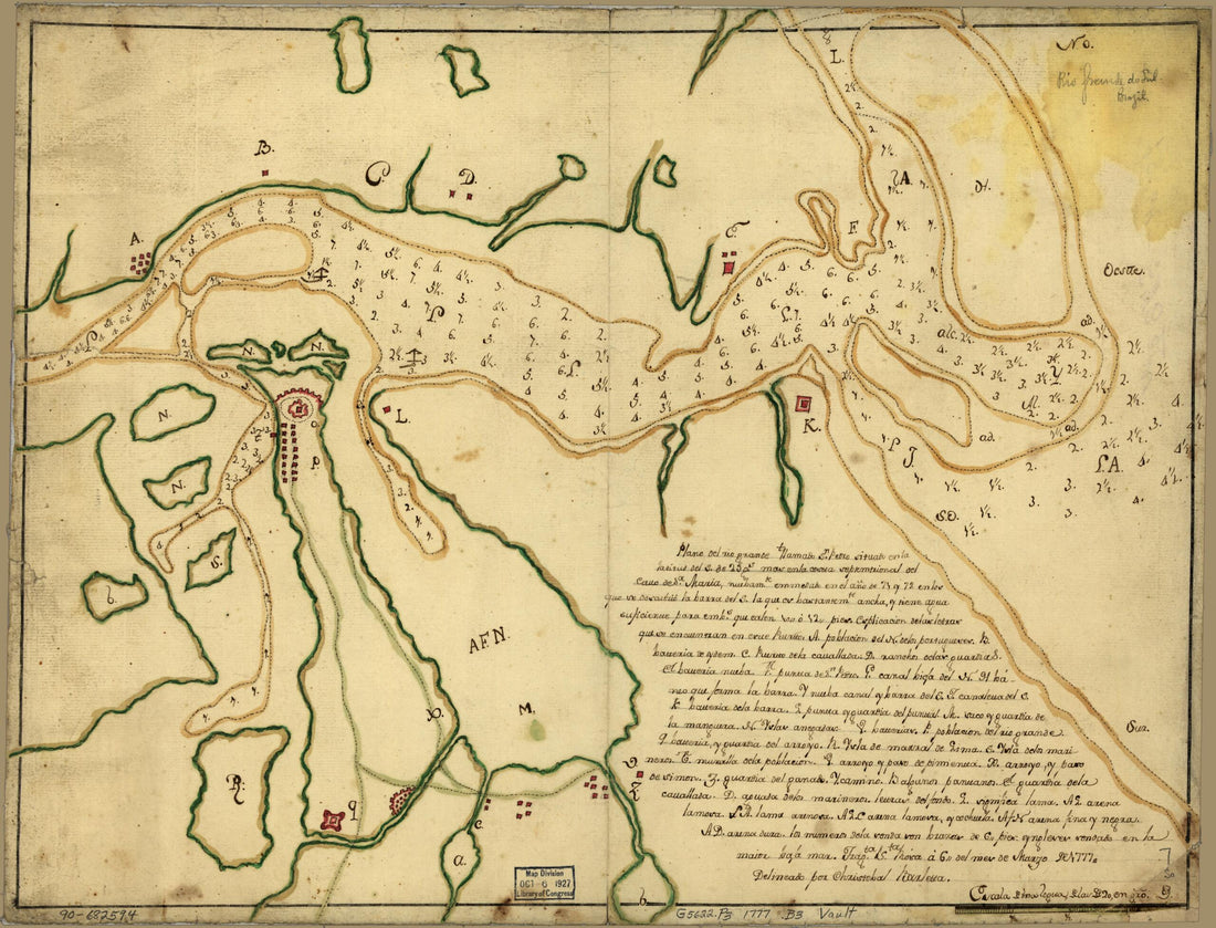 This old map of Plano Del Rio Grande Tllamado Sn. Pedro Situado En La Latitud Del S. De 23 Gs. Mas En La Costta Septemtrional Del Cauo De Sa. Maria, Nuebamte. Emmedado En El Año De 71 Y 72 En Los Que Se Descubrio La Barra Del S. La Que Es Bastantemte. A