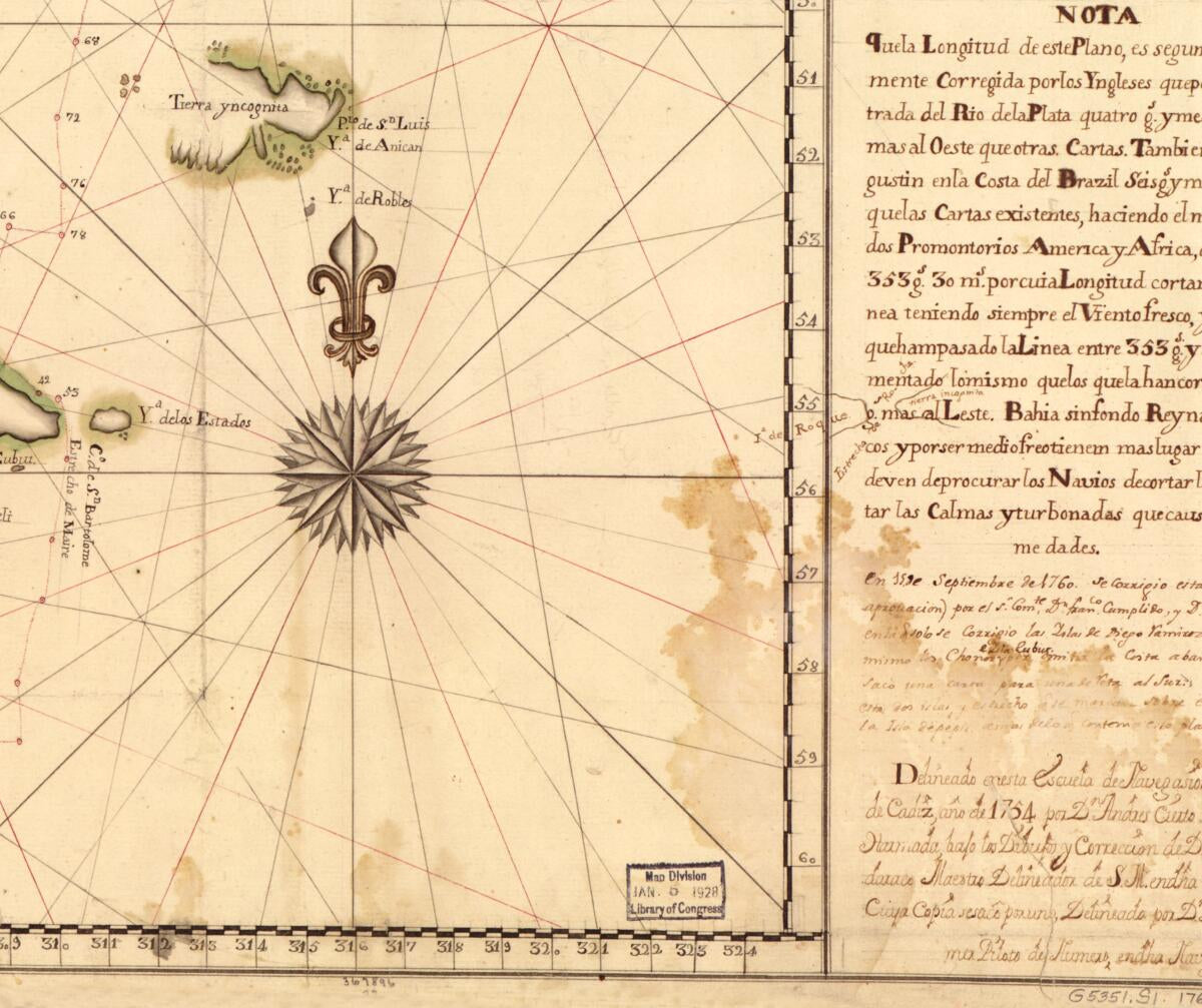 This old map of Derrota Que Hicieron Los Dos Navios De SM. Castilla Y Europa Devajo Del Mando Del Gefe De Esquadra, El Señor Dn. Franco. De Orosco, Desde La Ensenada De Maldonado Asta El Puerto De La Consepción De Chile El Año De 1748 from 1760 was cr