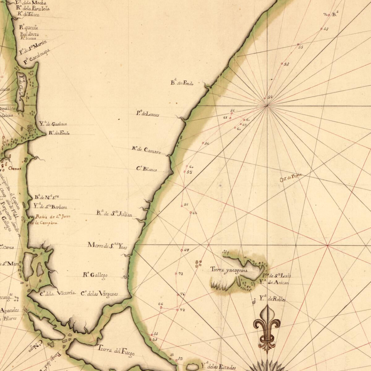 This old map of Derrota Que Hicieron Los Dos Navios De SM. Castilla Y Europa Devajo Del Mando Del Gefe De Esquadra, El Señor Dn. Franco. De Orosco, Desde La Ensenada De Maldonado Asta El Puerto De La Consepción De Chile El Año De 1748 from 1760 was cr