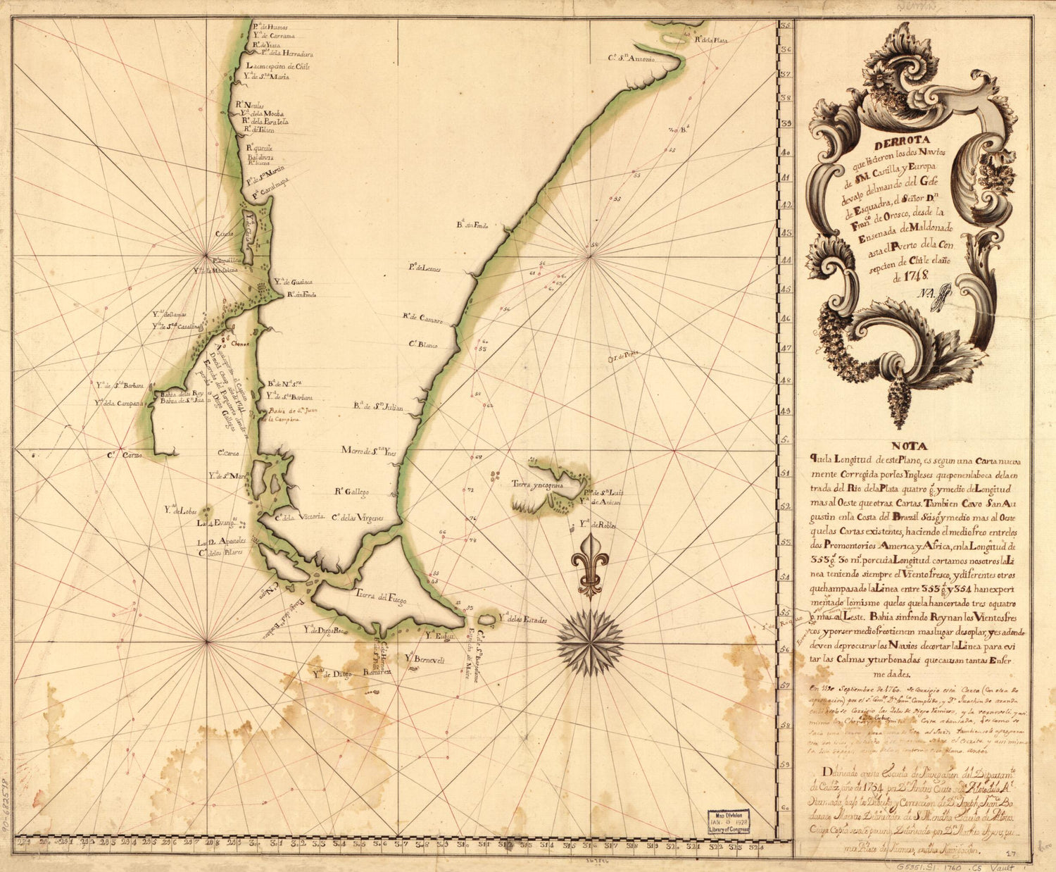 This old map of Derrota Que Hicieron Los Dos Navios De SM. Castilla Y Europa Devajo Del Mando Del Gefe De Esquadra, El Señor Dn. Franco. De Orosco, Desde La Ensenada De Maldonado Asta El Puerto De La Consepción De Chile El Año De 1748 from 1760 was cr