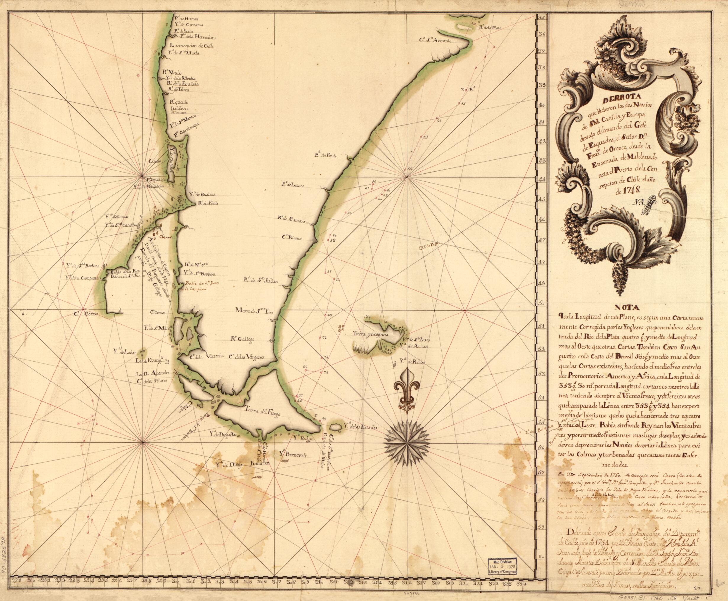 This old map of Derrota Que Hicieron Los Dos Navios De SM. Castilla Y Europa Devajo Del Mando Del Gefe De Esquadra, El Señor Dn. Franco. De Orosco, Desde La Ensenada De Maldonado Asta El Puerto De La Consepción De Chile El Año De 1748 from 1760 was cr
