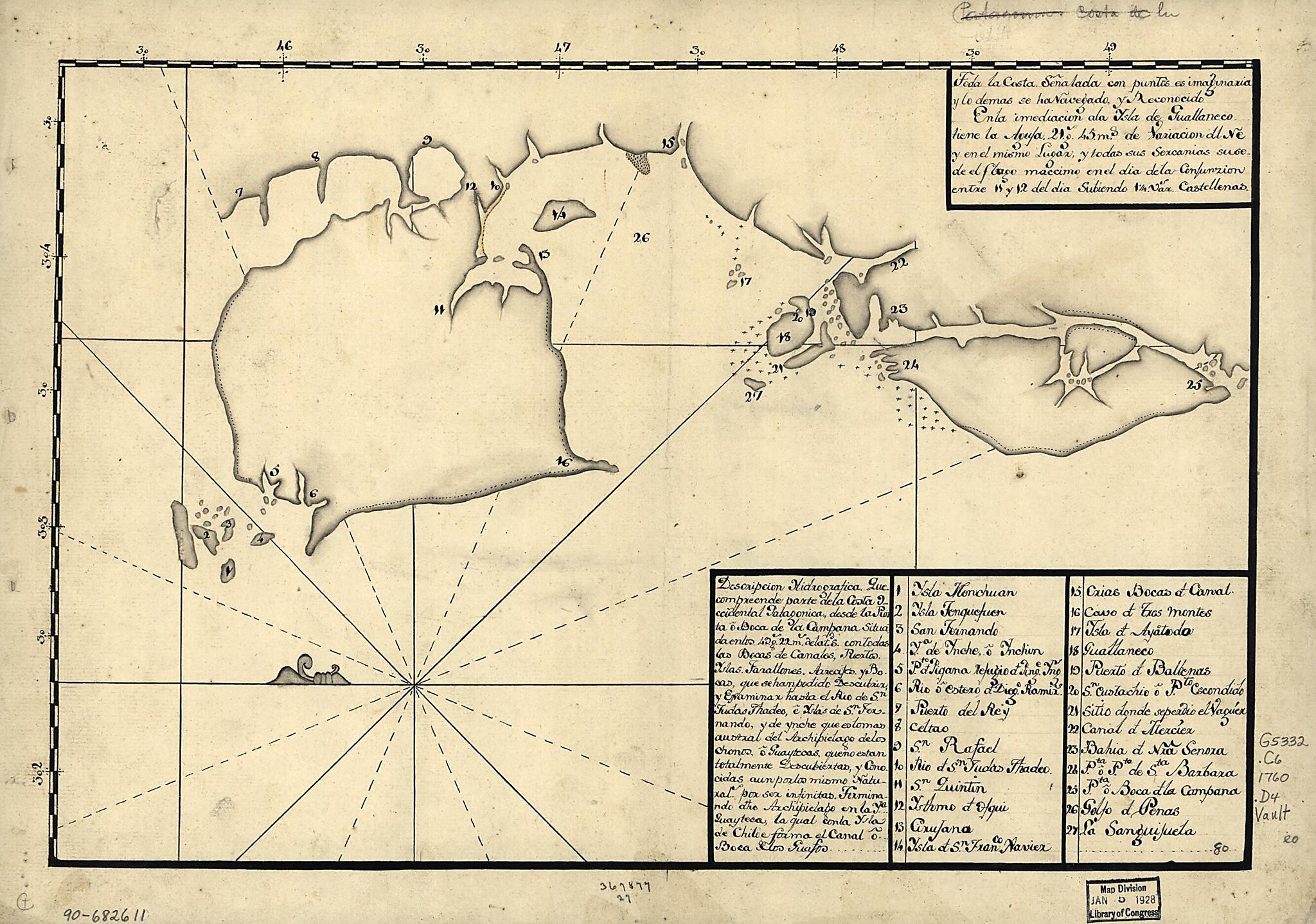 This old map of Descripción Hidrográfica, Que Compreende Parte De La Costa Occidental Patagonica, Desde La Punta O Boca De La Campana Situada En Los 49 Gs. 22 Ms. De Latd. S. Con Todas Las Bocas De Canales, Puertos, Yslas from 1760 was created by in
