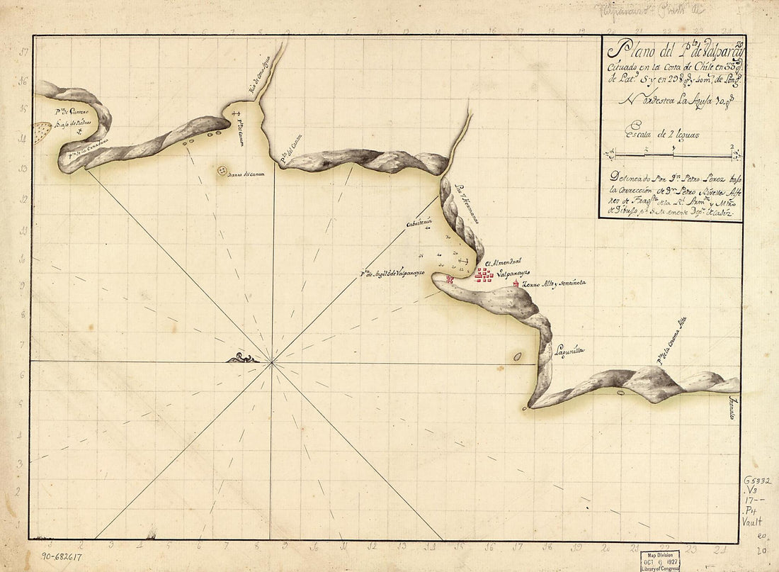 This old map of Plano Del Pt. De Valparayzo Cituado En La Costa De Chile En 33 Gs. De Latd. S Y En 298 Gs. Y 40 Ms. De Longd. Nordestea La Agula 10 Gs from 1668 was created by Pedro Pérez in 1668