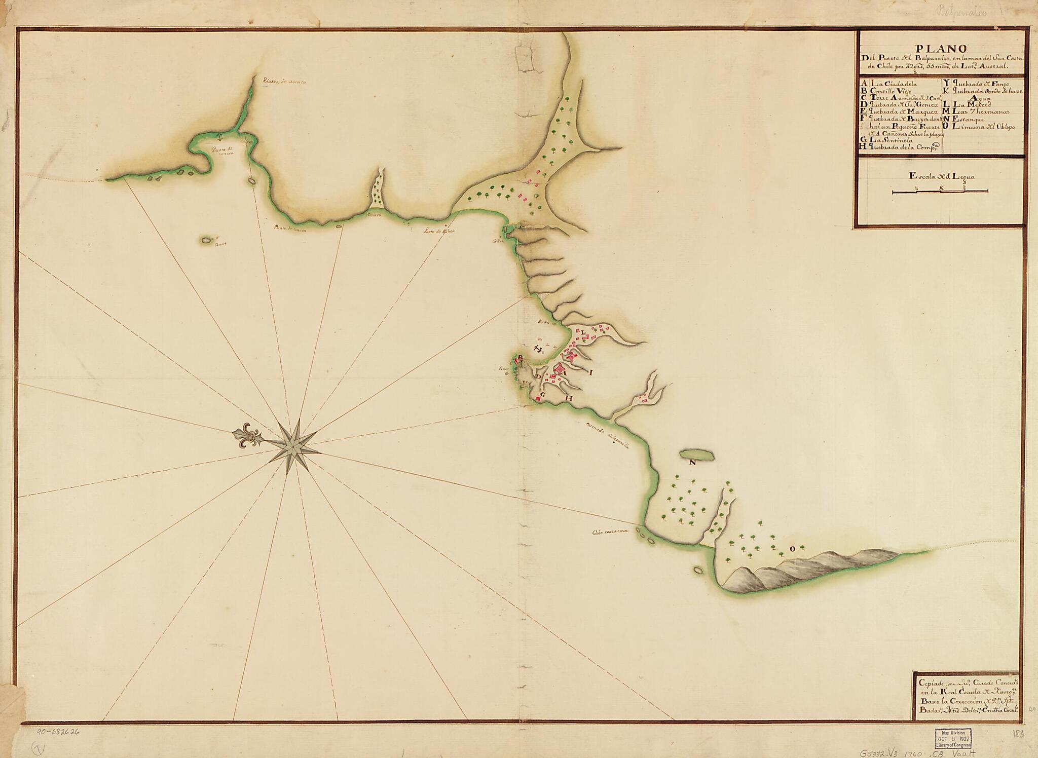 This old map of Plano Del Puerto Del Balparaizo En La Mar Del Sur Costa De Chile Por 32 Grs. 55 Mtos. De Latd. Austral from 1760 was created by J. W. Curado, Juan Manuel Curado, Spain) Real Escuela De Navegación (Cádiz in 1760