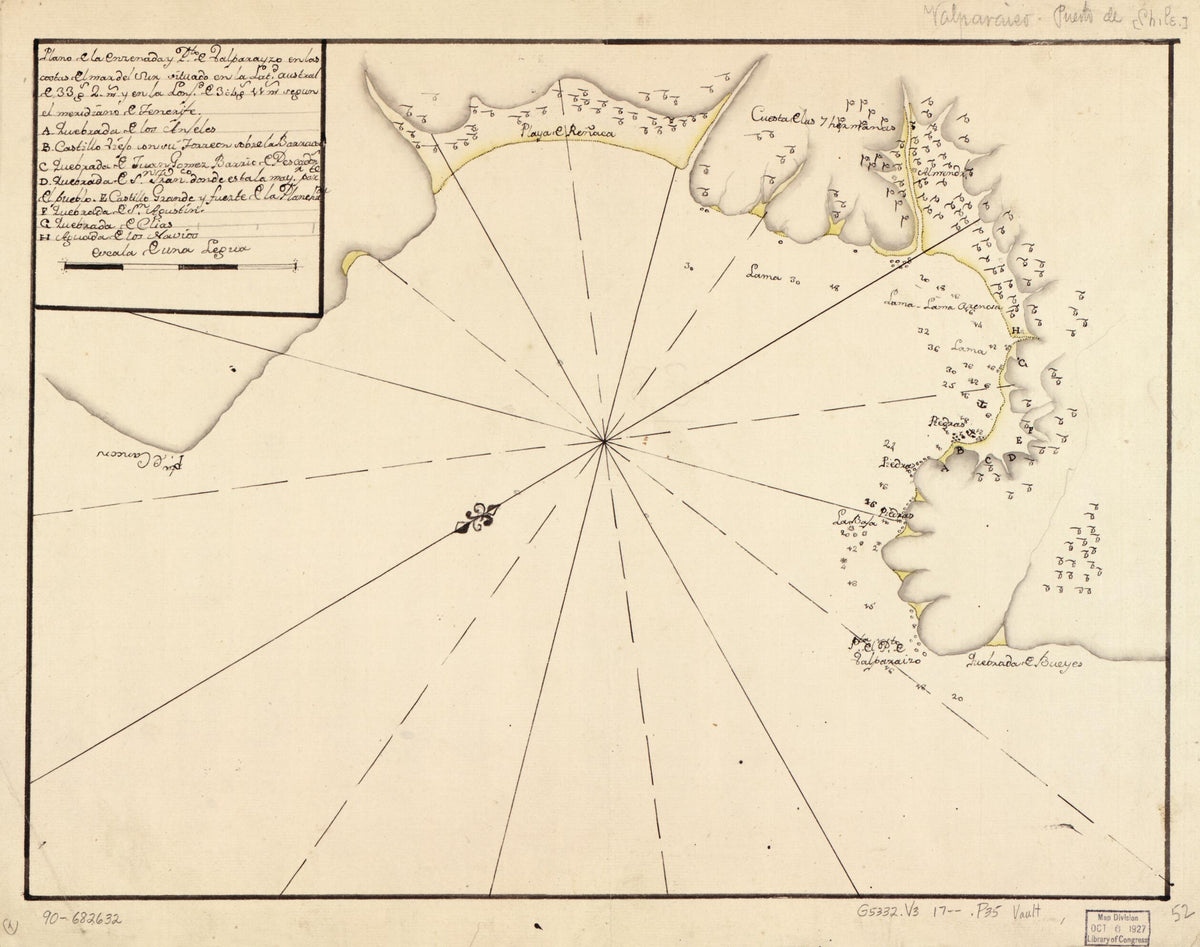 Plano De La Enzenada Y Pto. De Valparayzo En Las Costas Del Mar Del Sur Situado En La Latd. Austral De 33 Gs. 2 Ms. Y En La Longd. De 304 Gs. 11 Ms. Segun El Meridiano De Tenerife 1700 by Relic Map Company