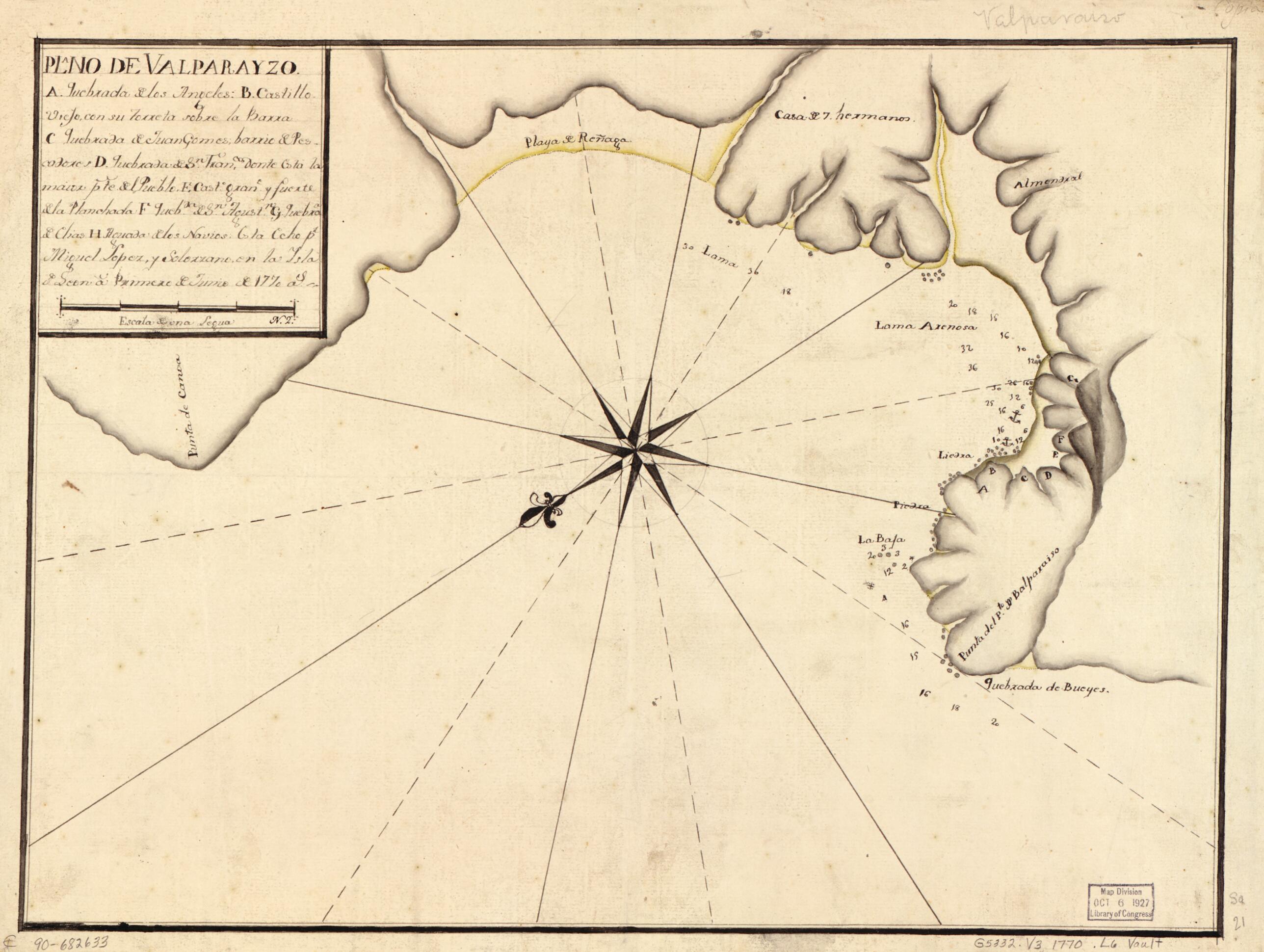 This old map of Plano De Valparayzo from 1770 was created by Miguel López Y Solórzano in 1770