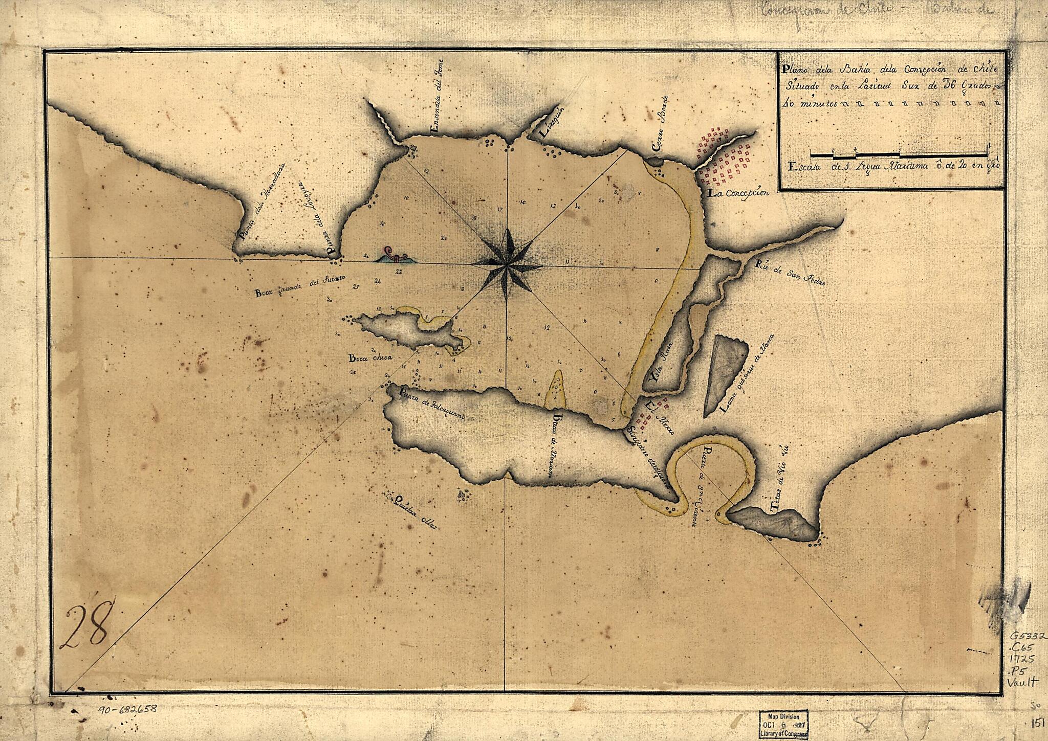 This old map of Plano De La Bahía De La Concepción De Chile Situado En La Latitud Sur De 36 Grados 40 Minutos from 1725 was created by in 1725